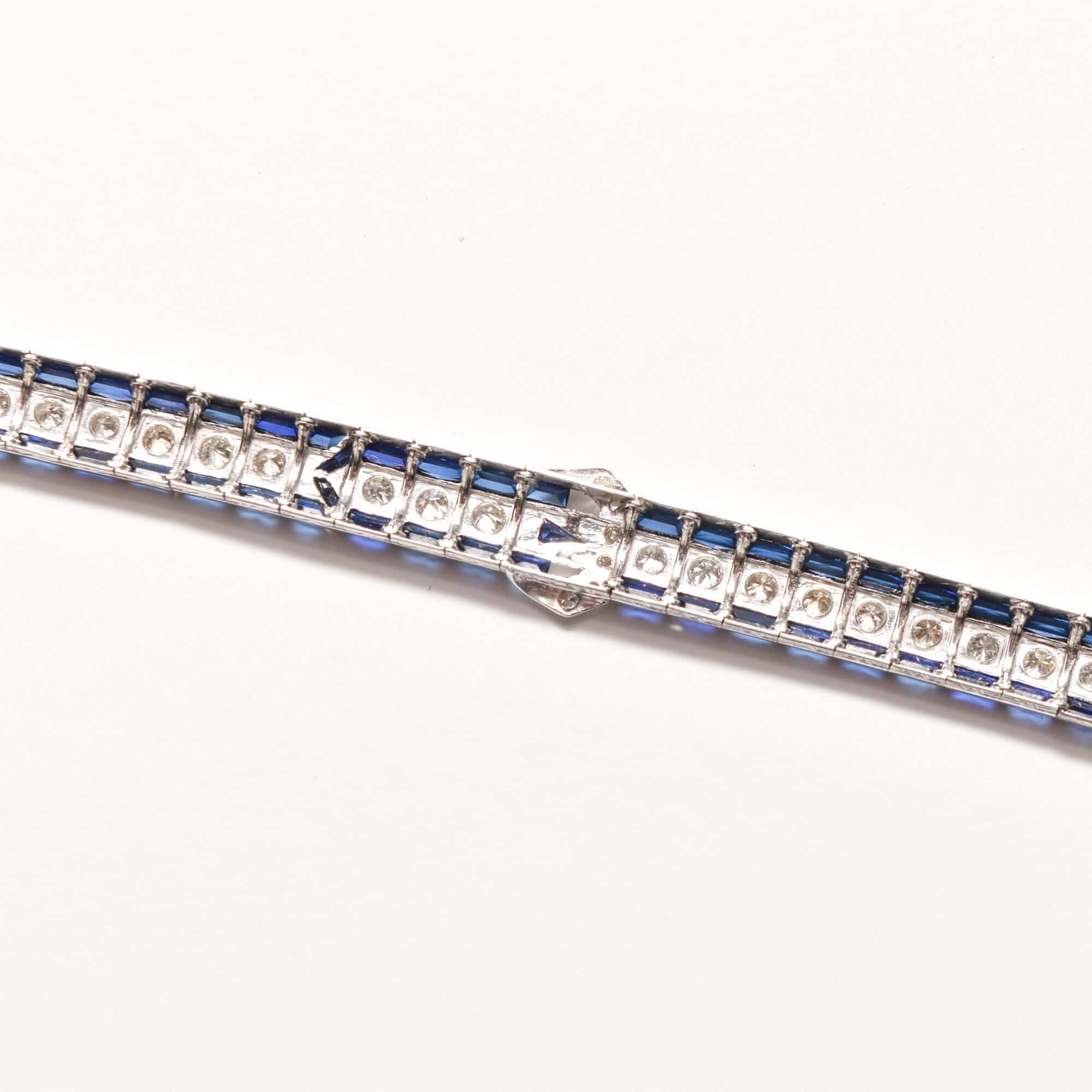 Art Deco Platinum Natural Diamond & Synthetic Sapphire Belt Buckle Link Bracelet