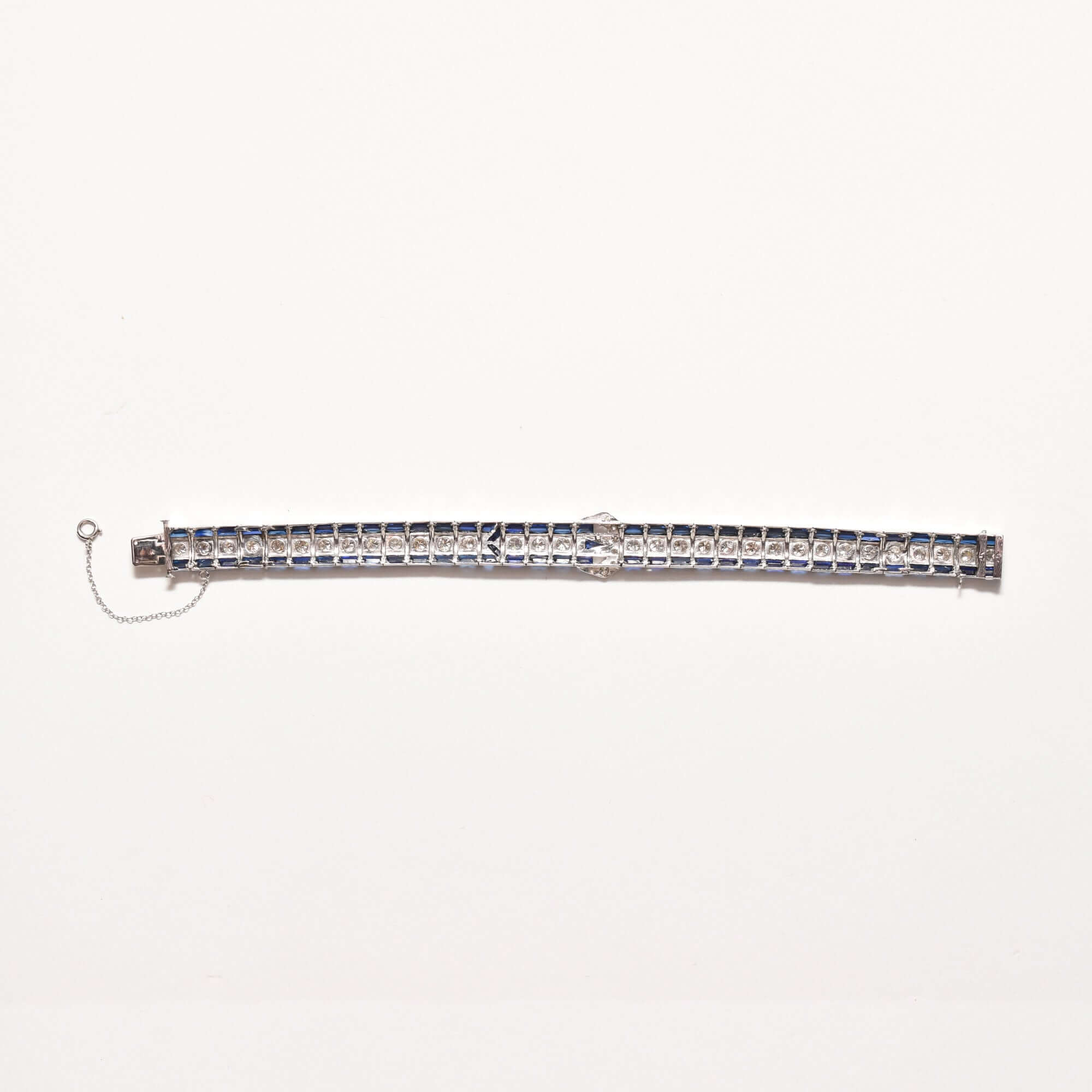 Art Deco Platinum Natural Diamond & Synthetic Sapphire Belt Buckle Link Bracelet
