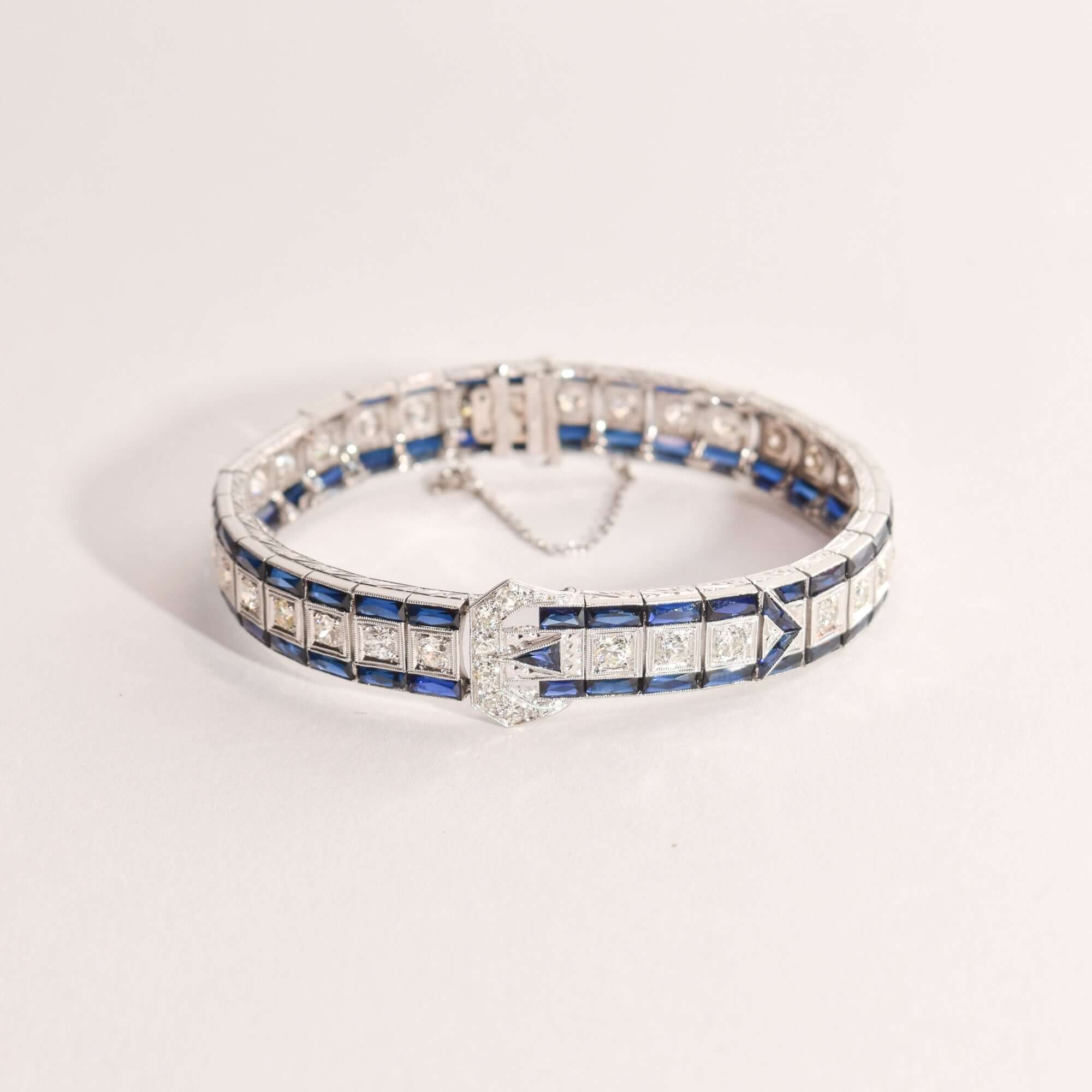 Art Deco Platinum Natural Diamond & Synthetic Sapphire Belt Buckle Link Bracelet