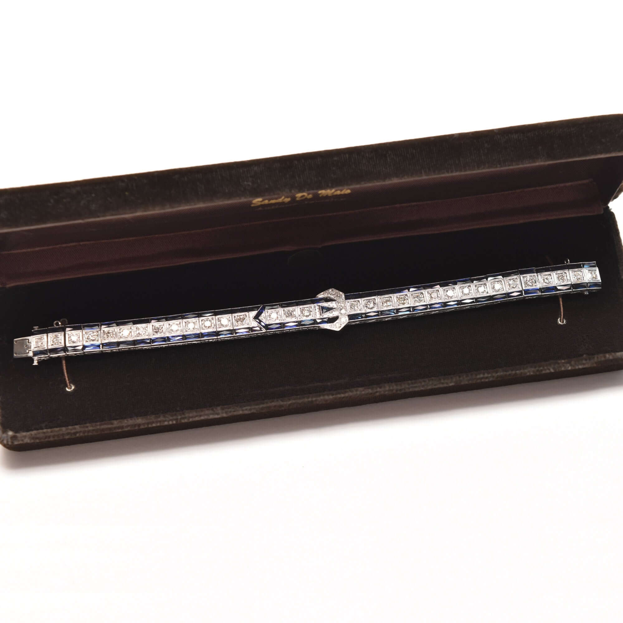Art Deco Platinum Natural Diamond & Synthetic Sapphire Belt Buckle Link Bracelet