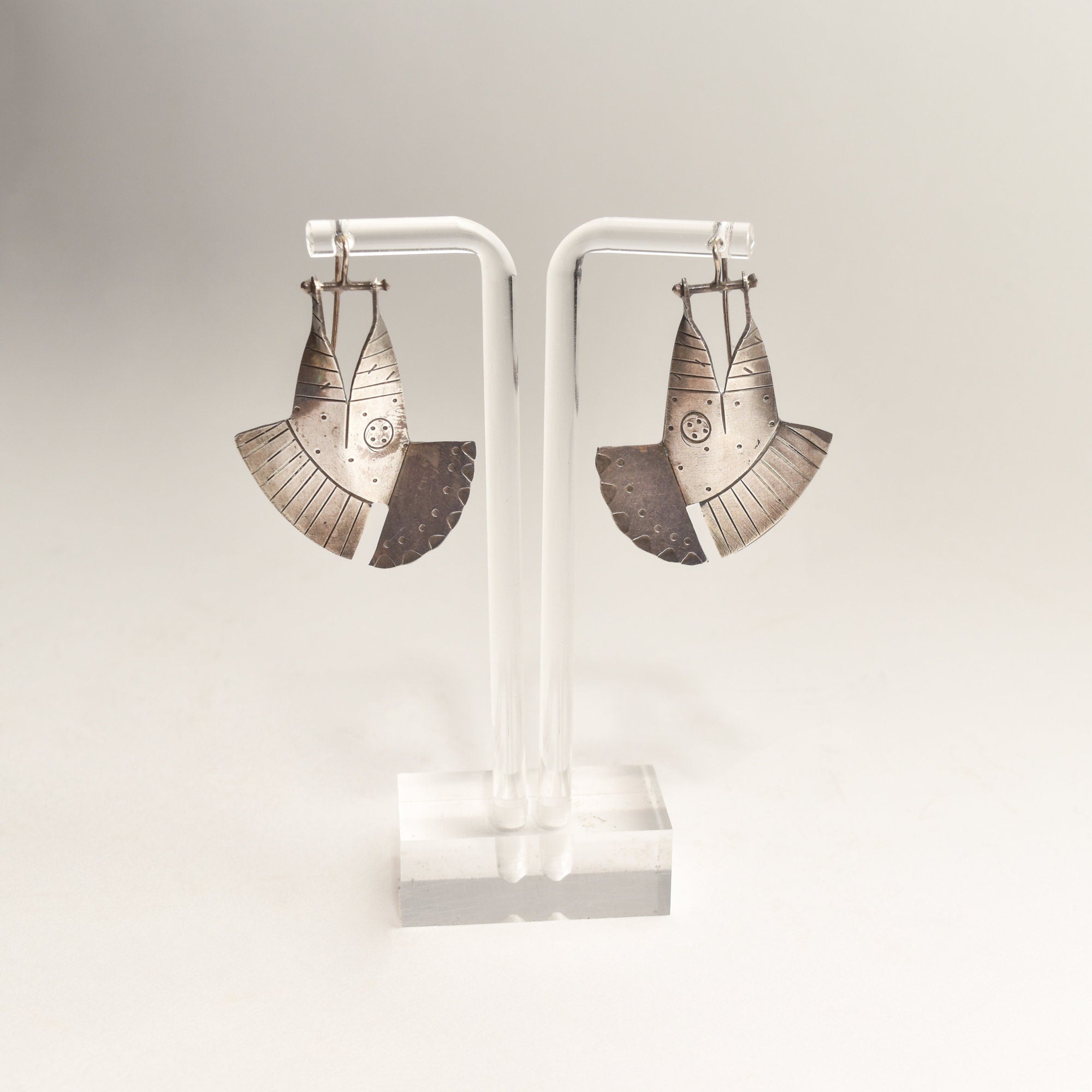 Modernist Sterling Silver Fish Head Dangle Earrings, Unique 925 Silver Earrings, 1.875"