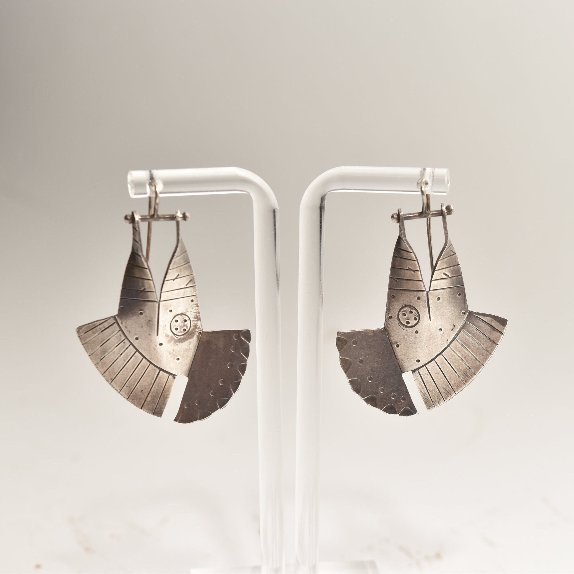 Modernist Sterling Silver Fish Head Dangle Earrings, Unique 925 Silver Earrings, 1.875"