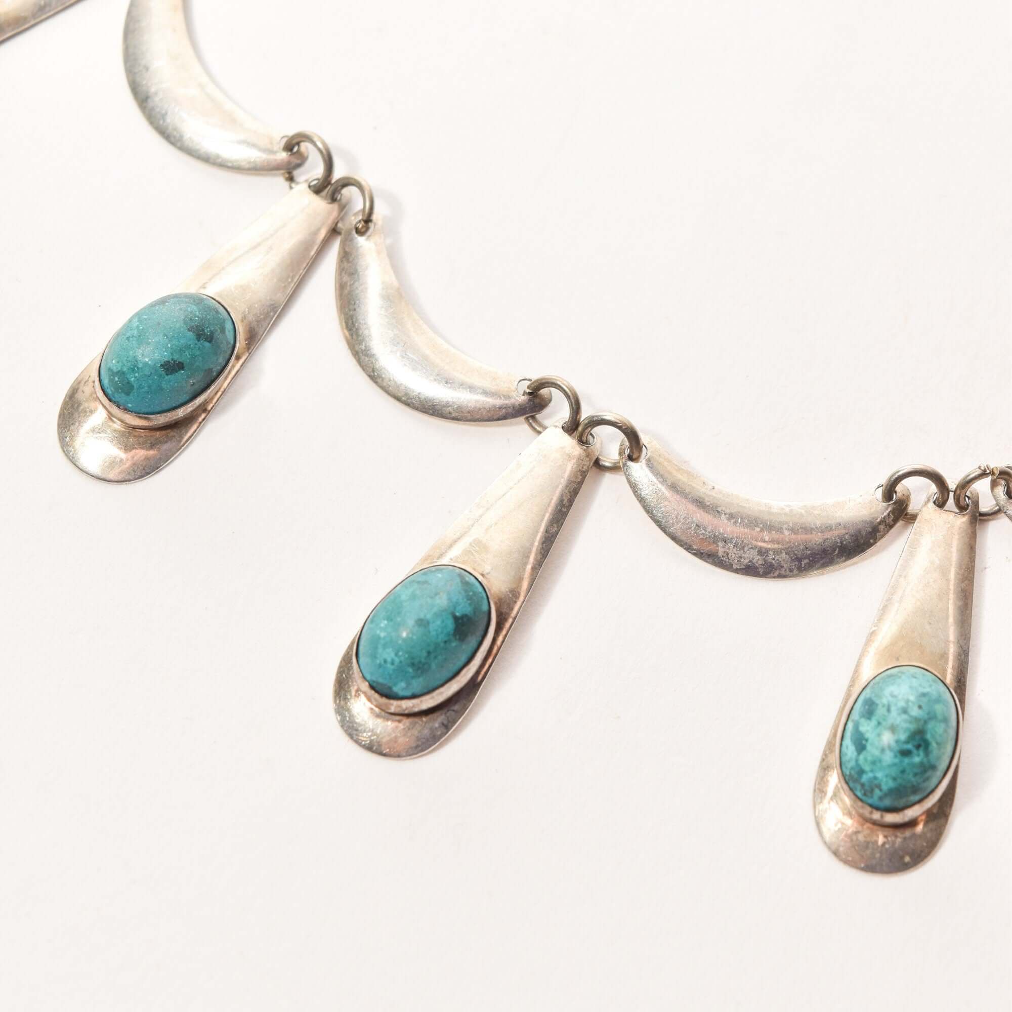 Israeli Sterling Silver Turquoise Festoon Necklace, Piano Key Pendant, Gemstone Jewelry, 19" L