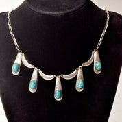 Israeli Sterling Silver Turquoise Festoon Necklace, Piano Key Pendant, Gemstone Jewelry, 19" L