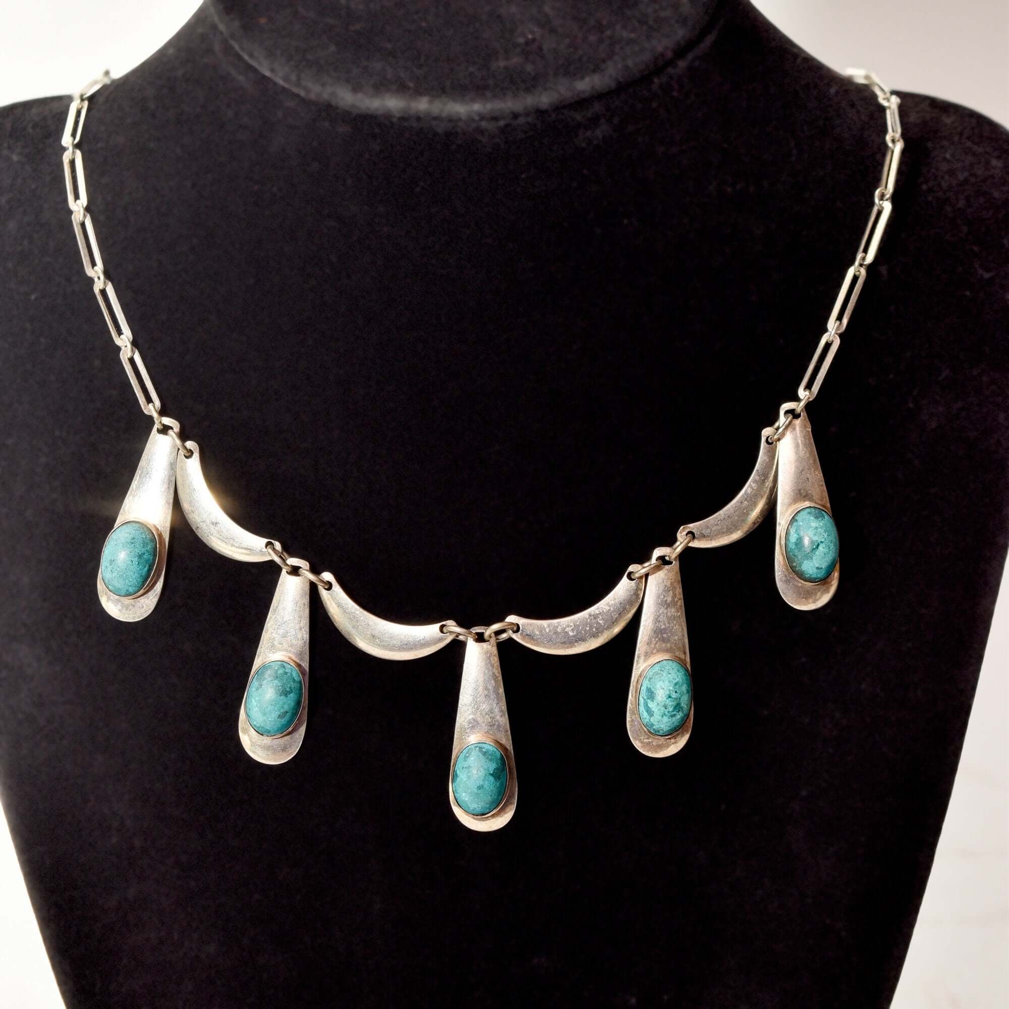 Israeli Sterling Silver Turquoise Festoon Necklace, Piano Key Pendant, Gemstone Jewelry, 19" L