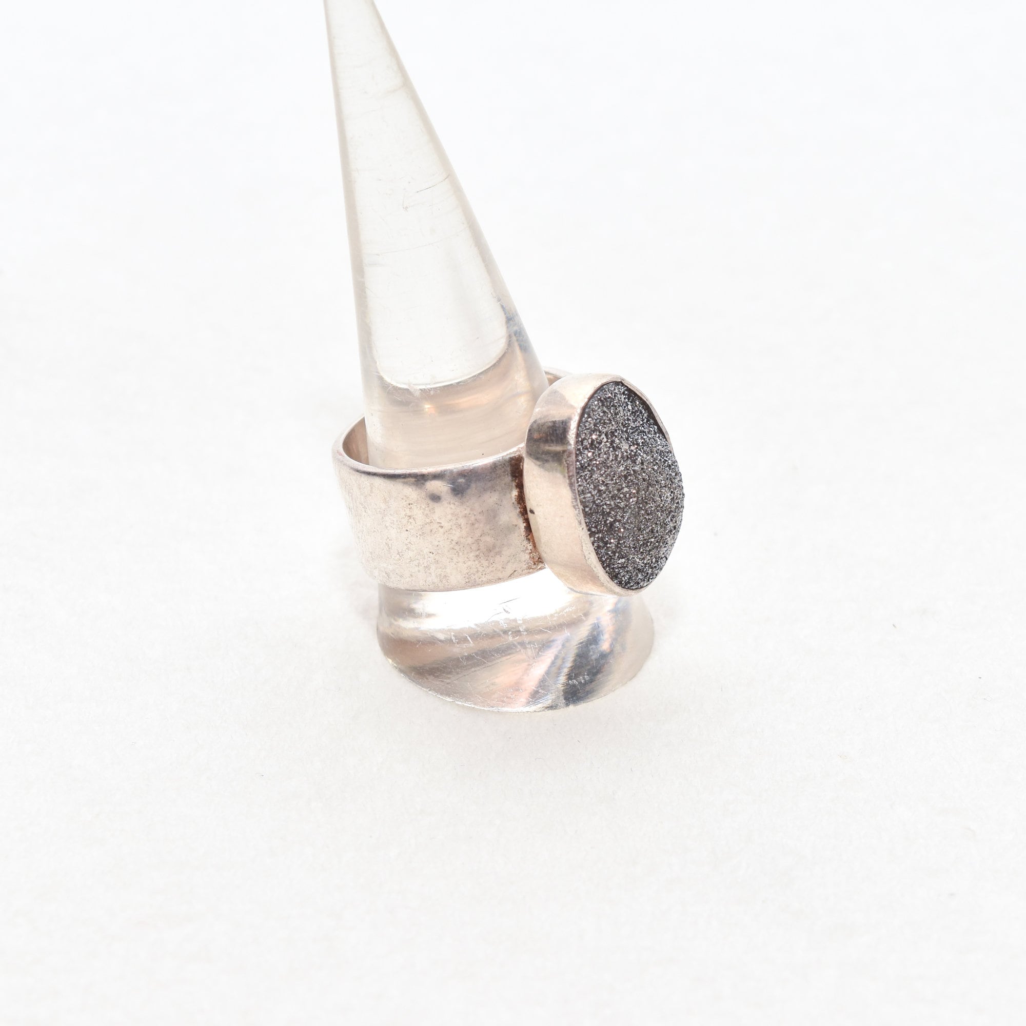 Sparkly Sterling Silver Druzy Quartz Ring, Chunky Hammered Ring, Gemstone Jewelry, Size 10 1/4 US