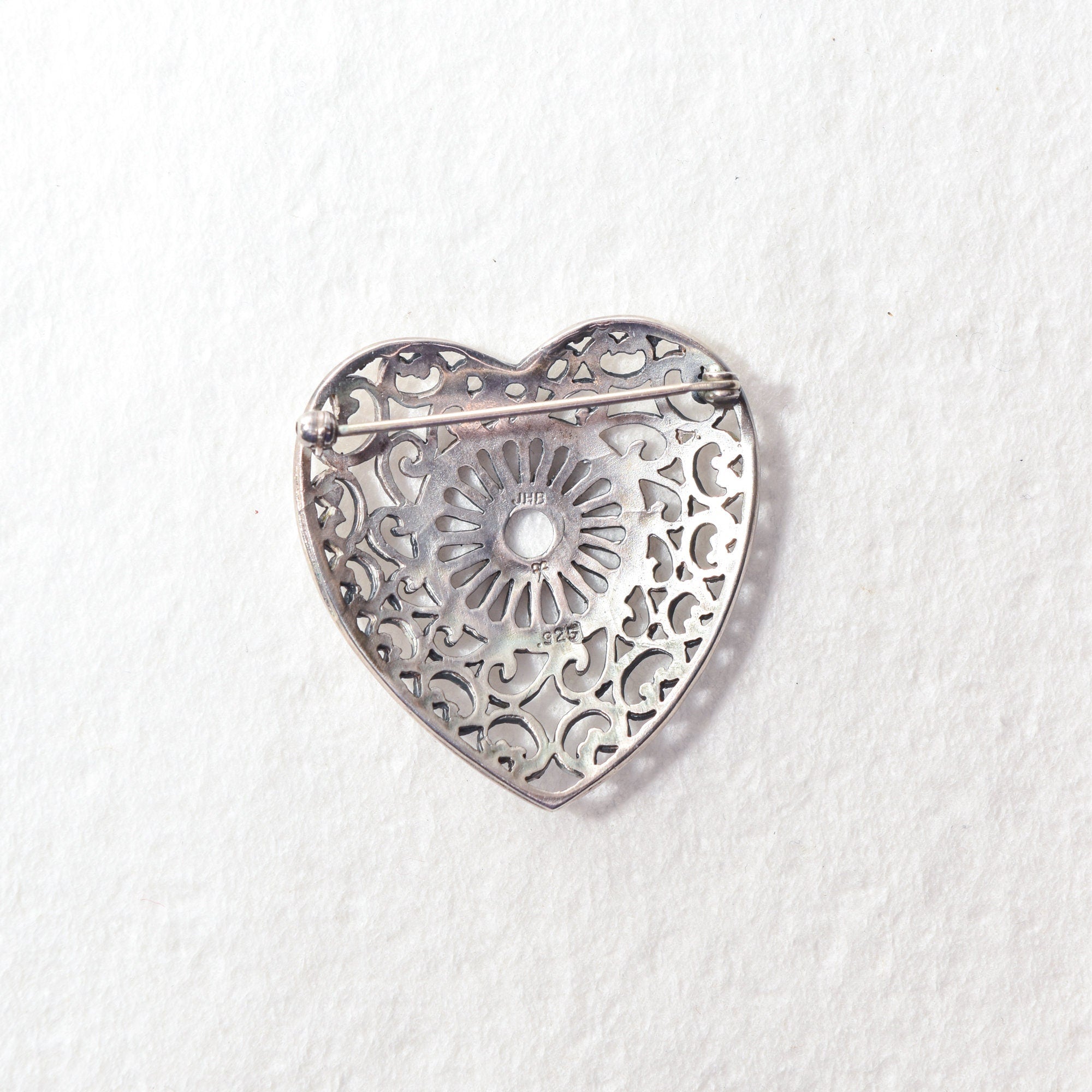 Ornate Sterling Silver Filigree Heart Brooch