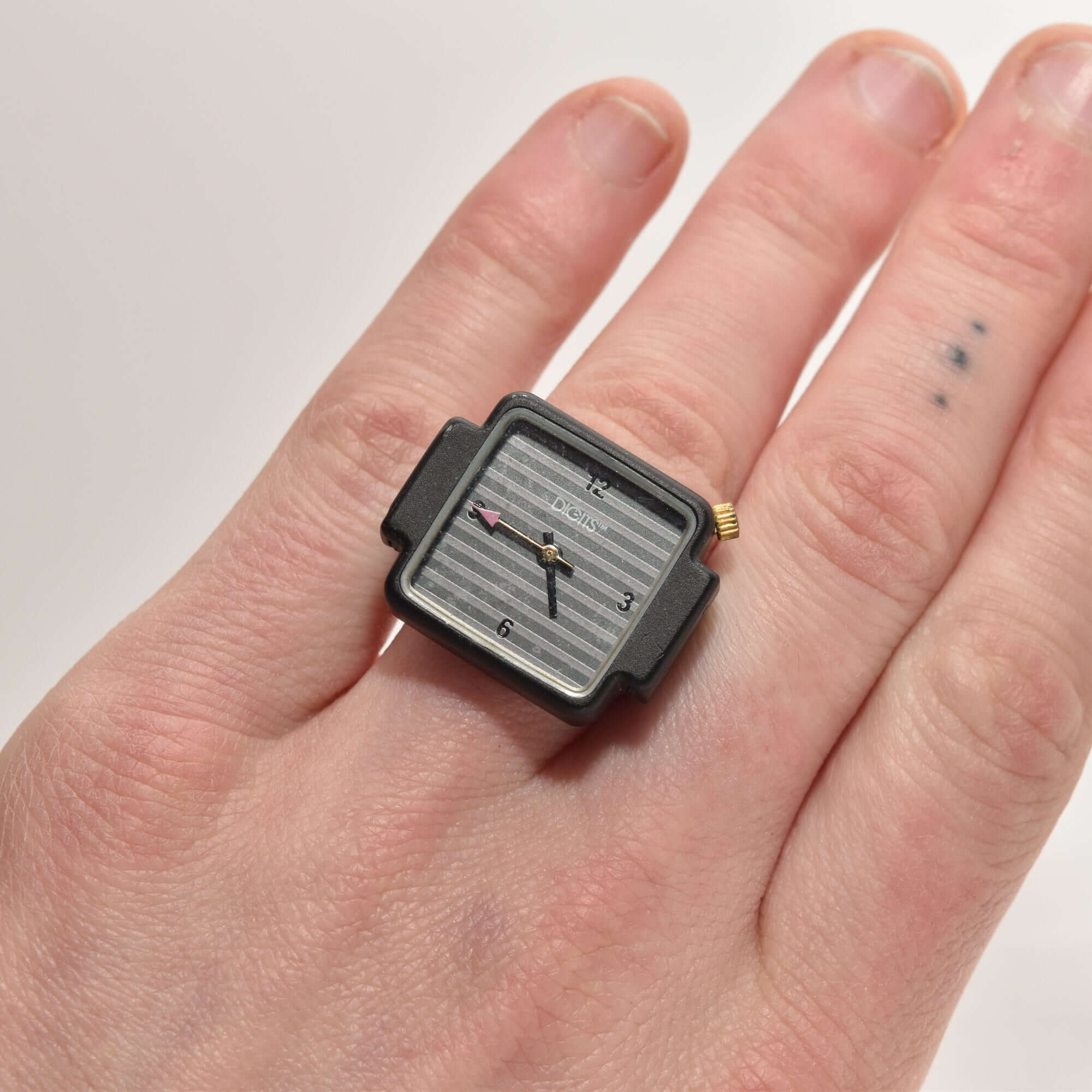 Digits Watch Ring, Striped Dial With Pink Second Hand, Adjustable Band, Size 6-13 US (NOT WORKING)