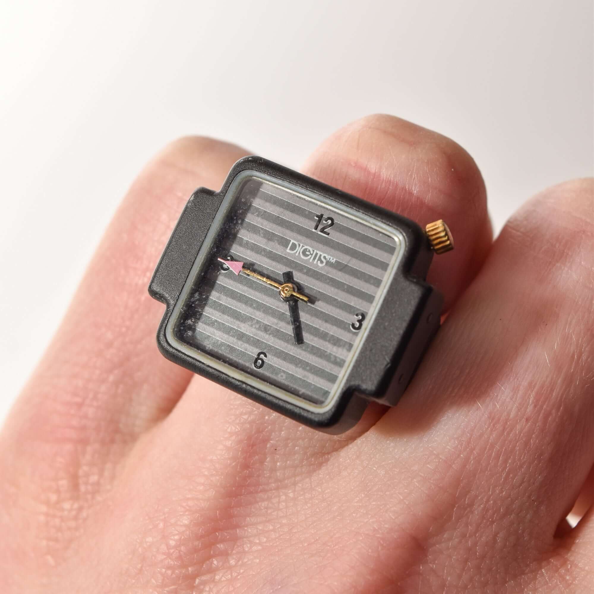 Digits Watch Ring, Striped Dial With Pink Second Hand, Adjustable Band, Size 6-13 US (NOT WORKING)