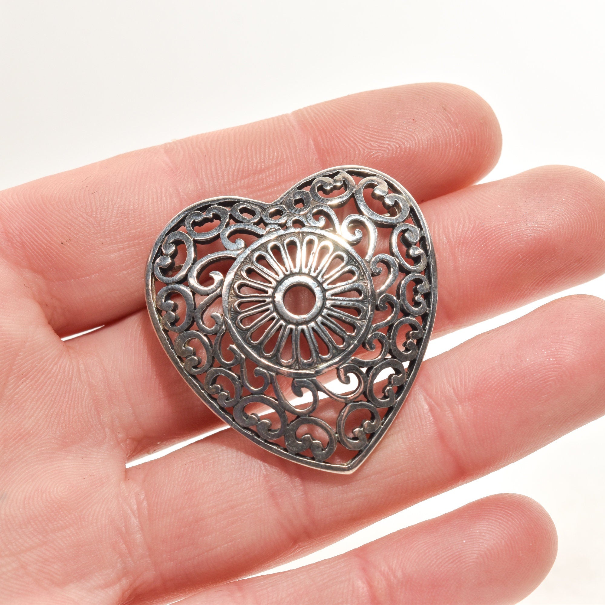 Ornate Sterling Silver Filigree Heart Brooch