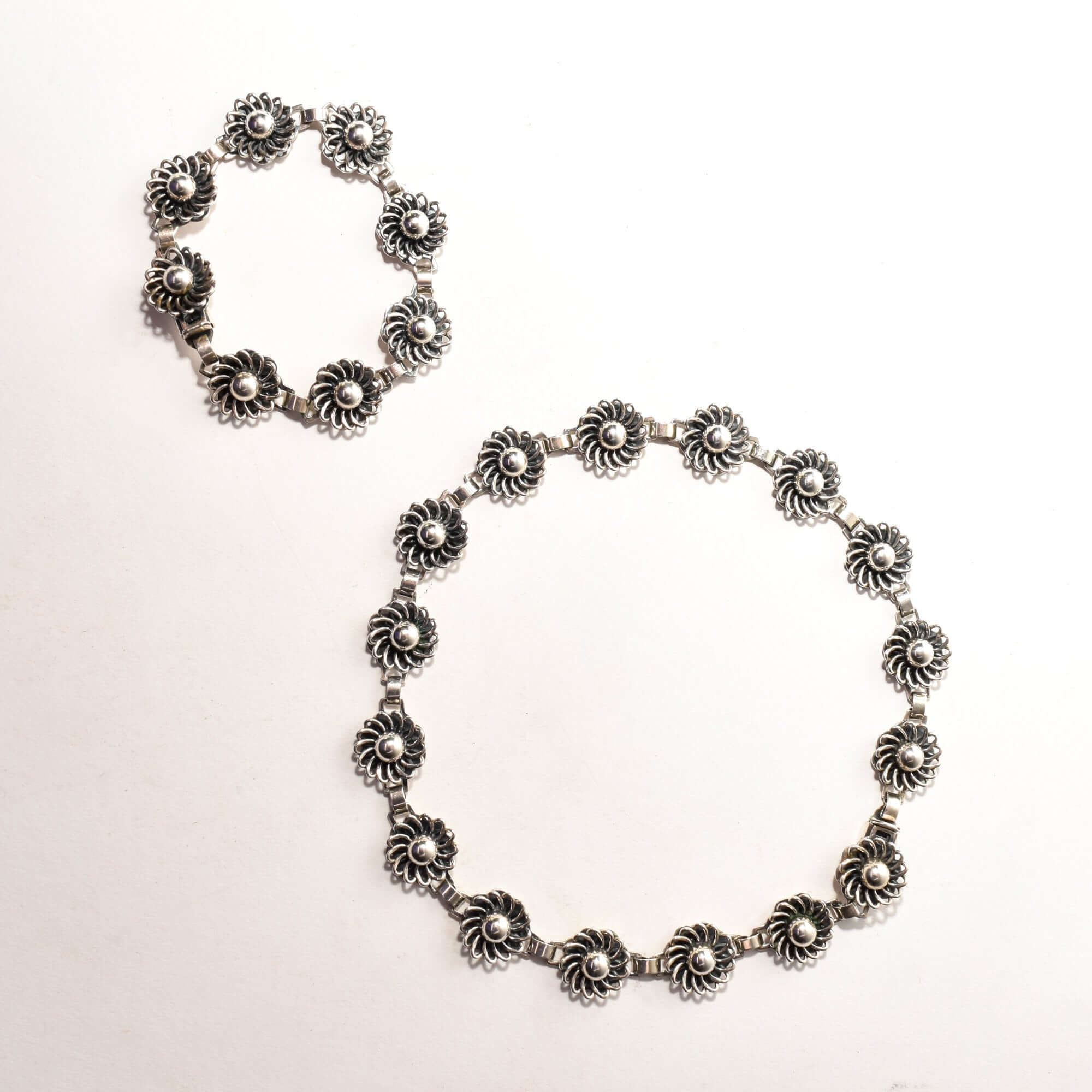 1950's Danish Sterling Silver Flower Link Necklace & Bracelet Set By John Lauritzen