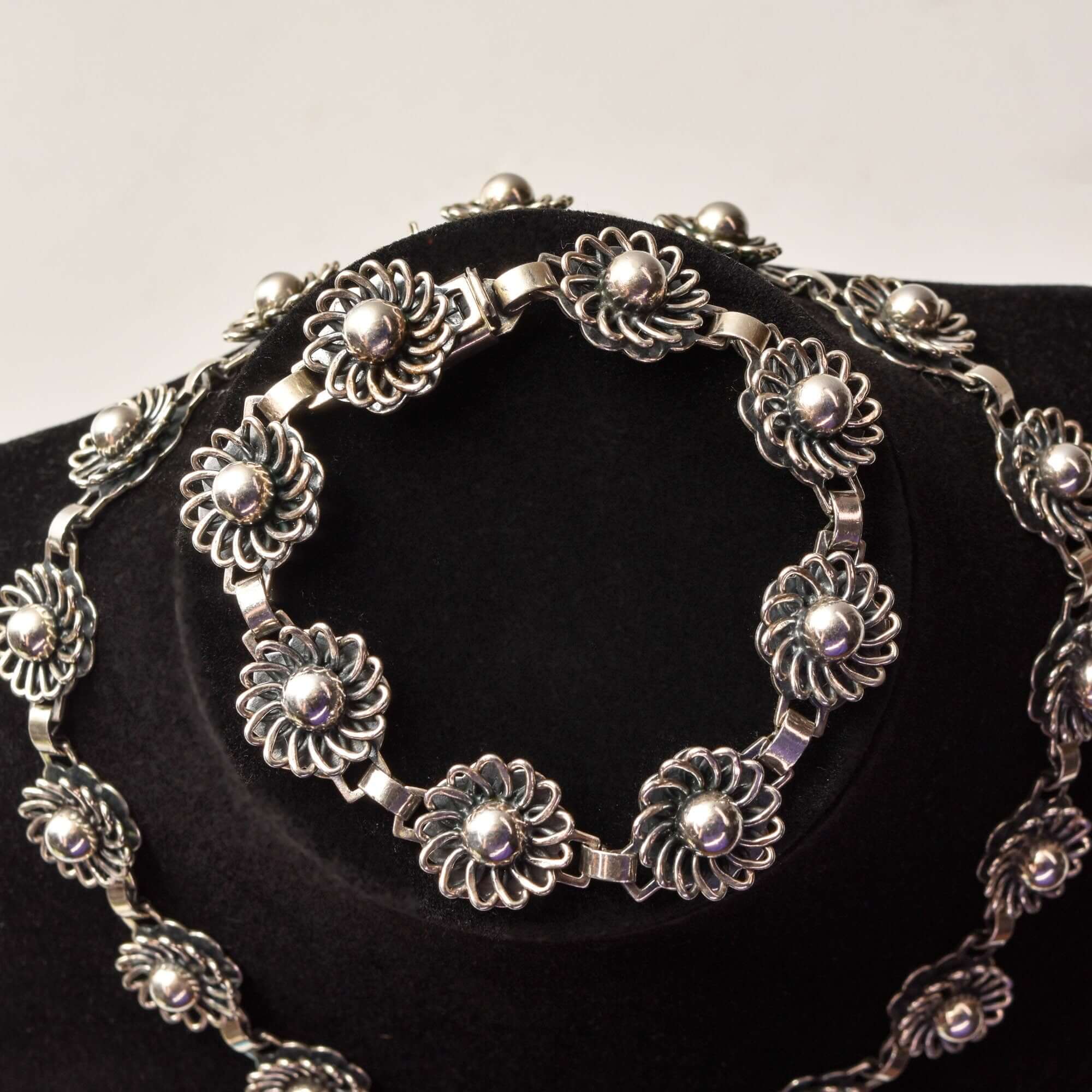 1950's Danish Sterling Silver Flower Link Necklace & Bracelet Set By John Lauritzen