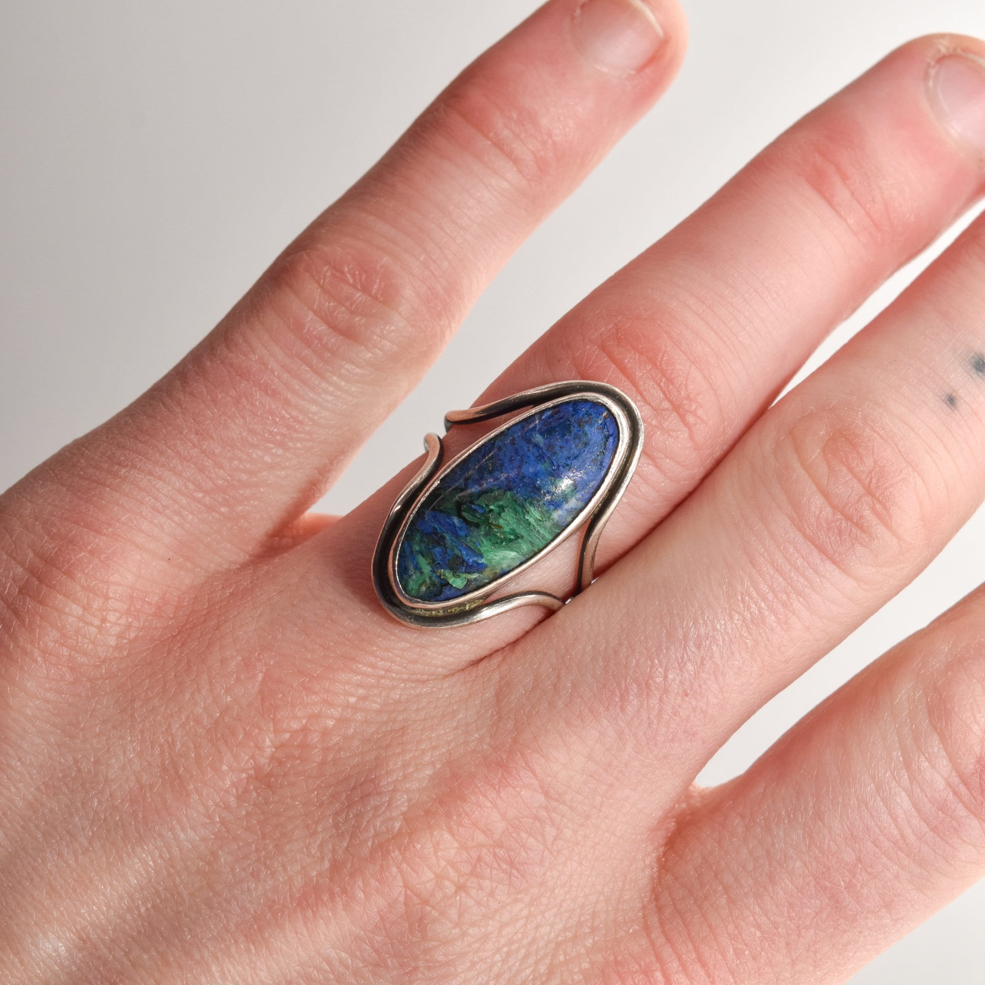 Modernist Sterling Silver Azurite Ring, Gemstone Jewelry, Size 7 1/2 US