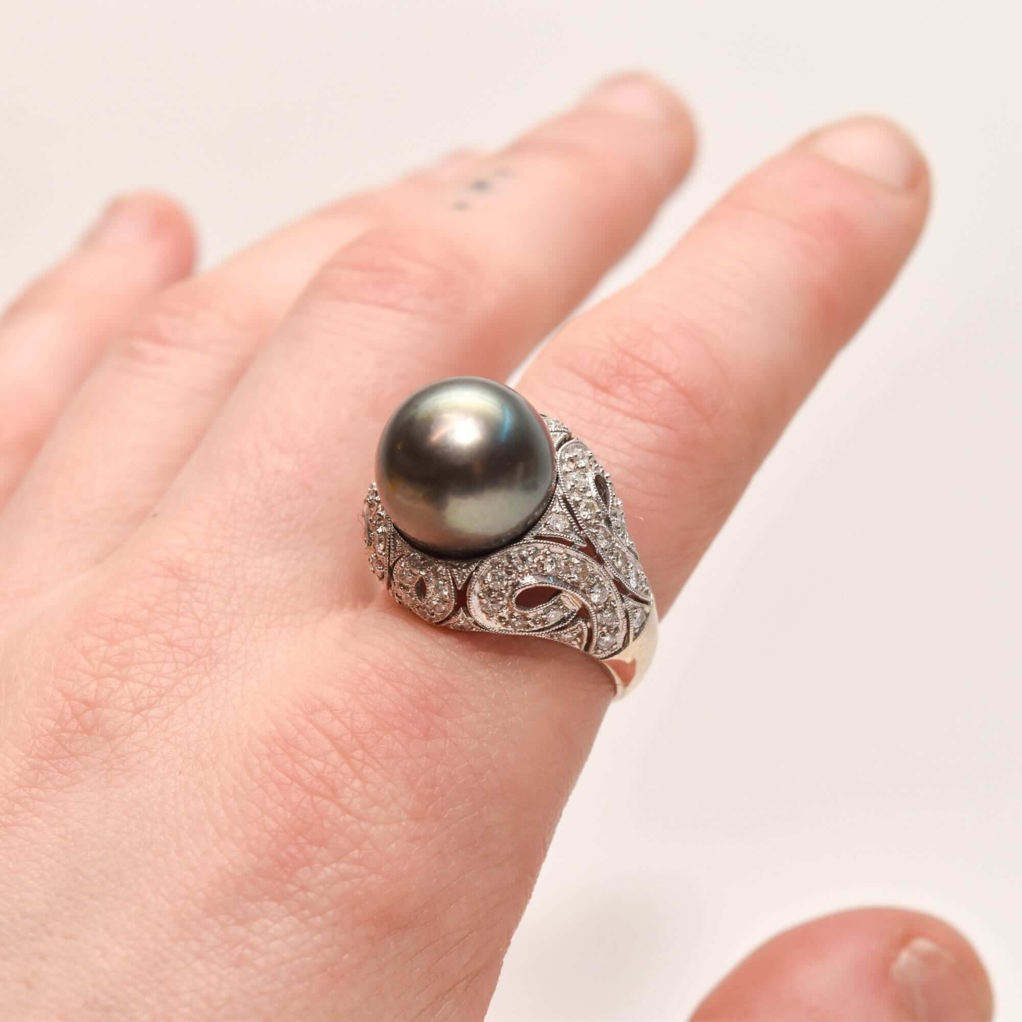 18K Diamond Pave Tahitian Pearl Bombe Ring In White Gold
