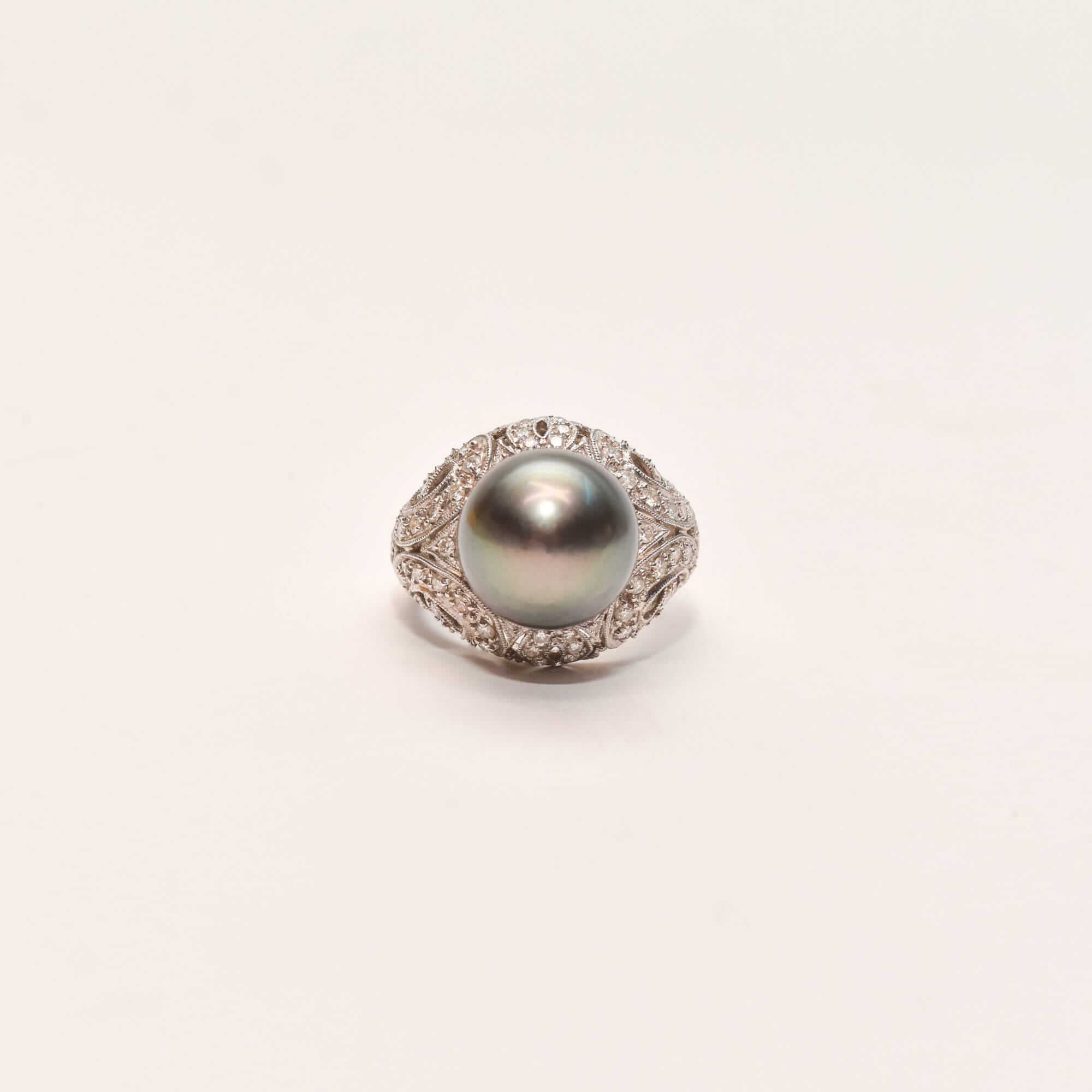 18K Diamond Pave Tahitian Pearl Bombe Ring In White Gold