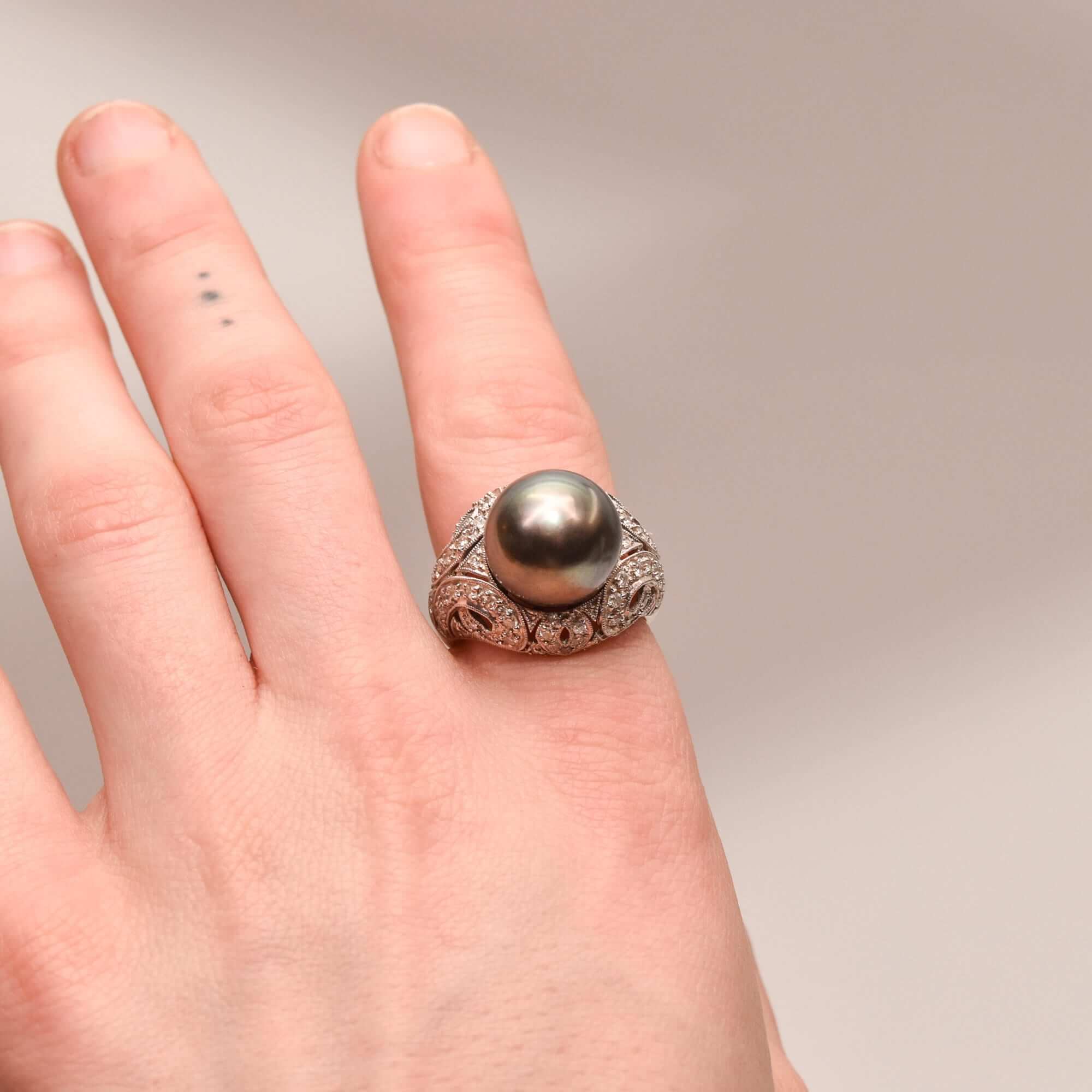 18K Diamond Pave Tahitian Pearl Bombe Ring In White Gold