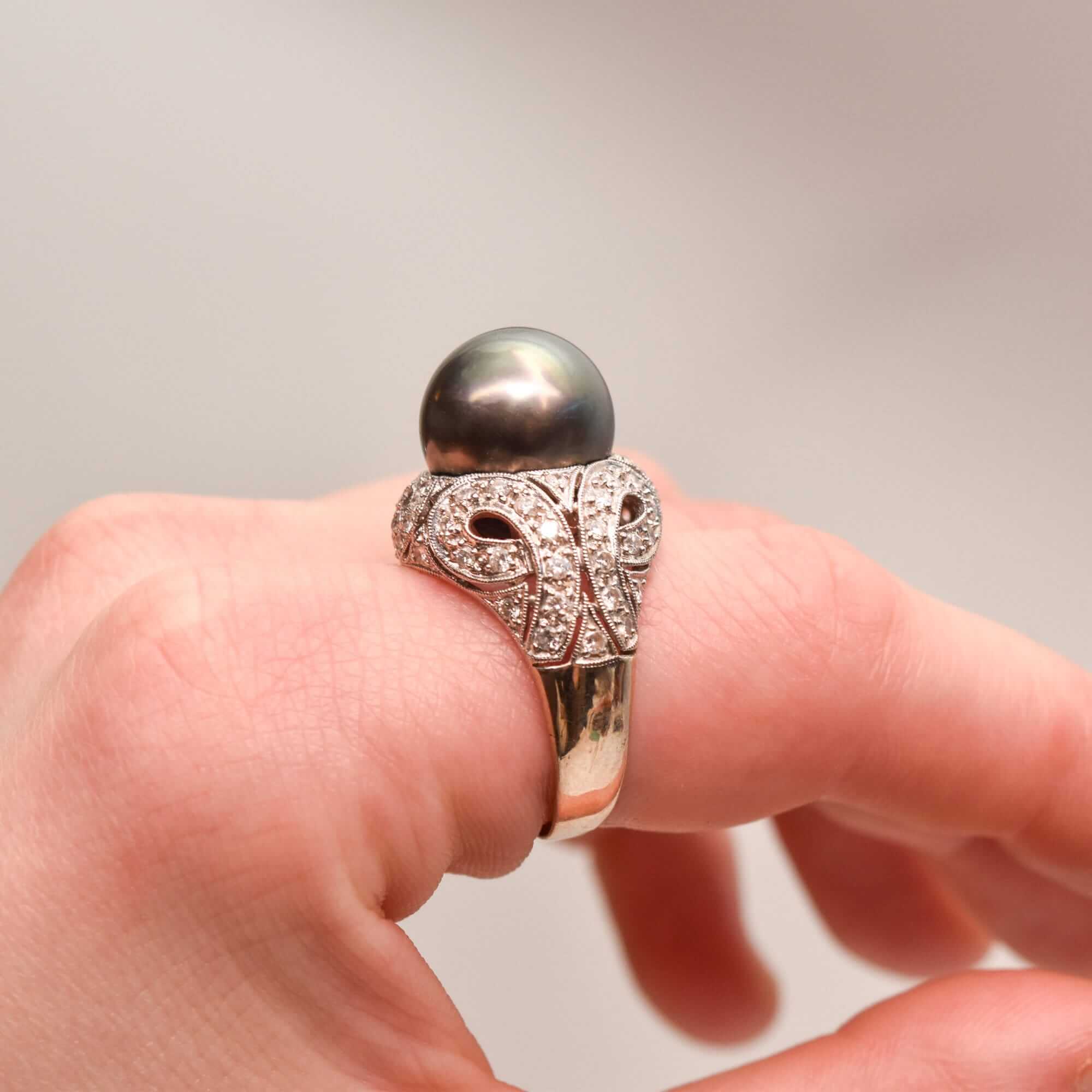 18K Diamond Pave Tahitian Pearl Bombe Ring In White Gold