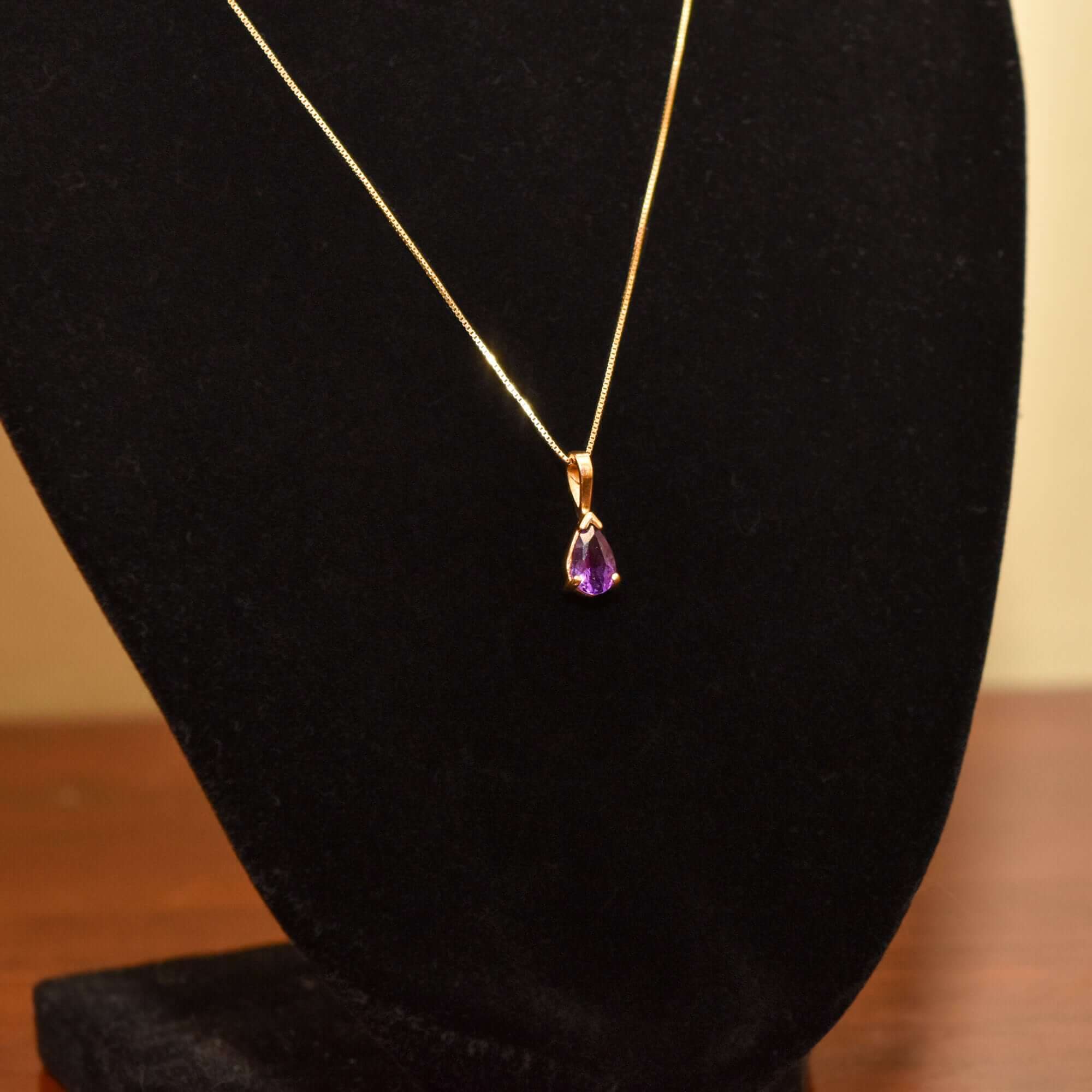 Italian 14K Amethyst Teardrop Pendant Necklace, February Birthstone, Estate Jewelry, 18.5" L