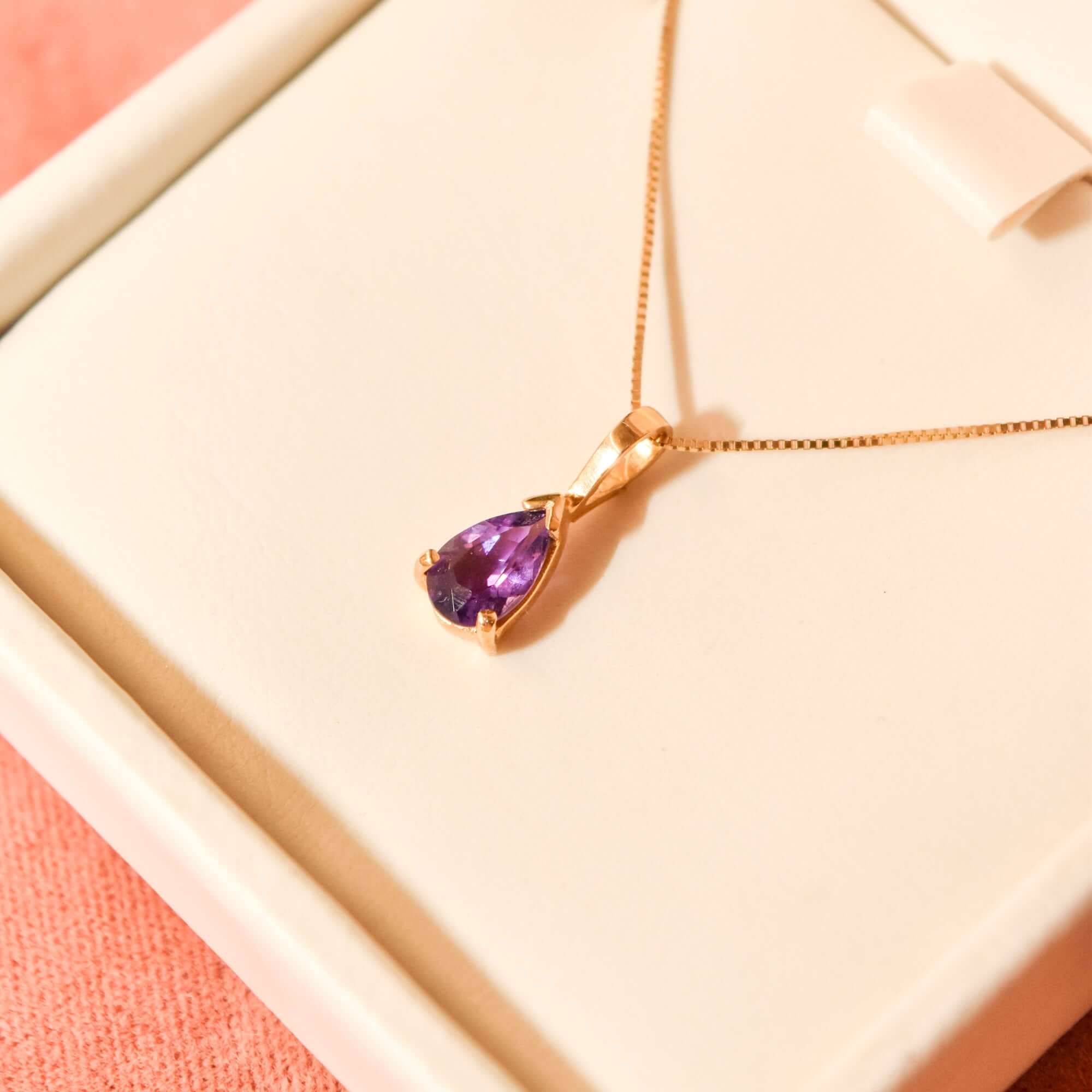 Italian 14K Amethyst Teardrop Pendant Necklace, February Birthstone, Estate Jewelry, 18.5" L