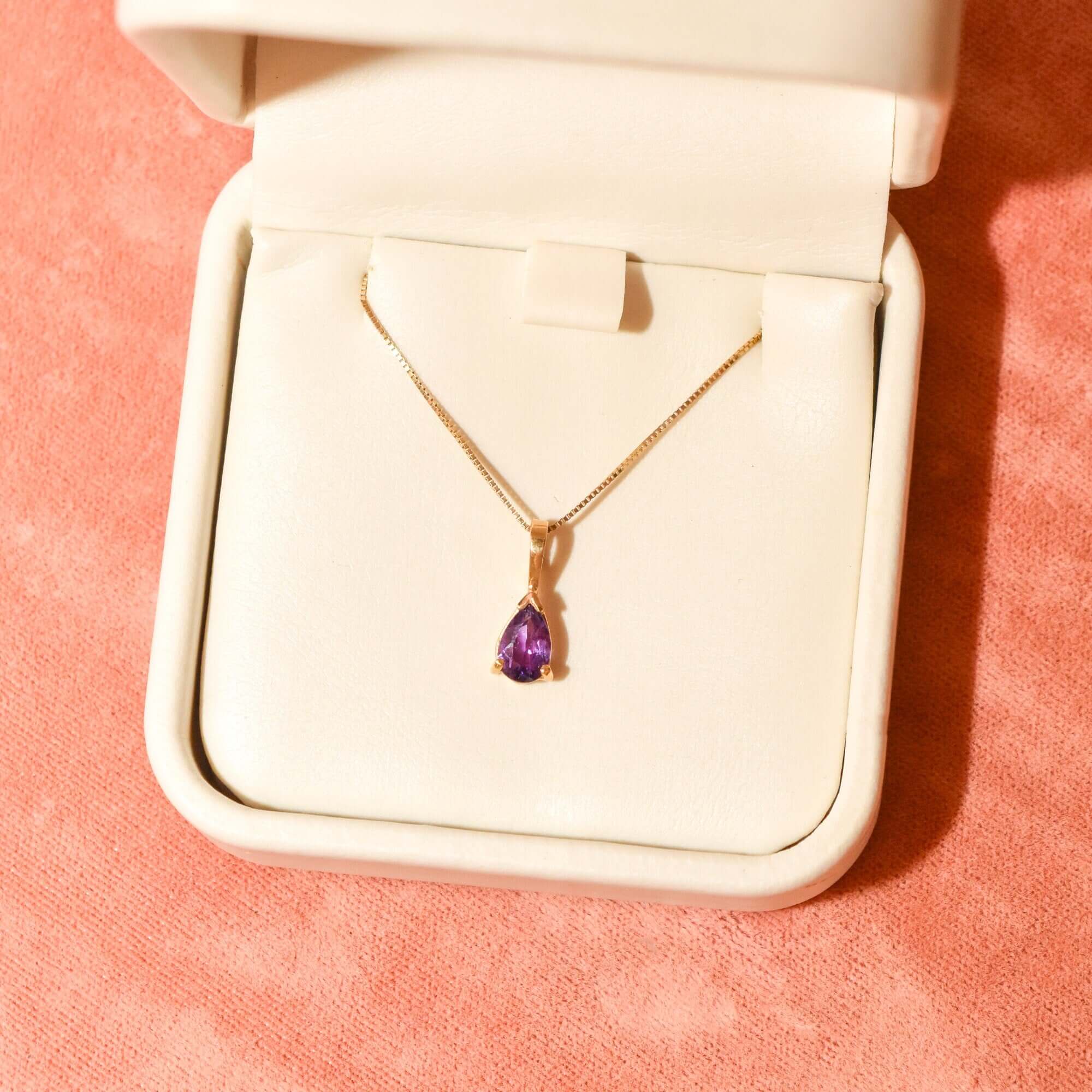 Italian 14K Amethyst Teardrop Pendant Necklace, February Birthstone, Estate Jewelry, 18.5" L