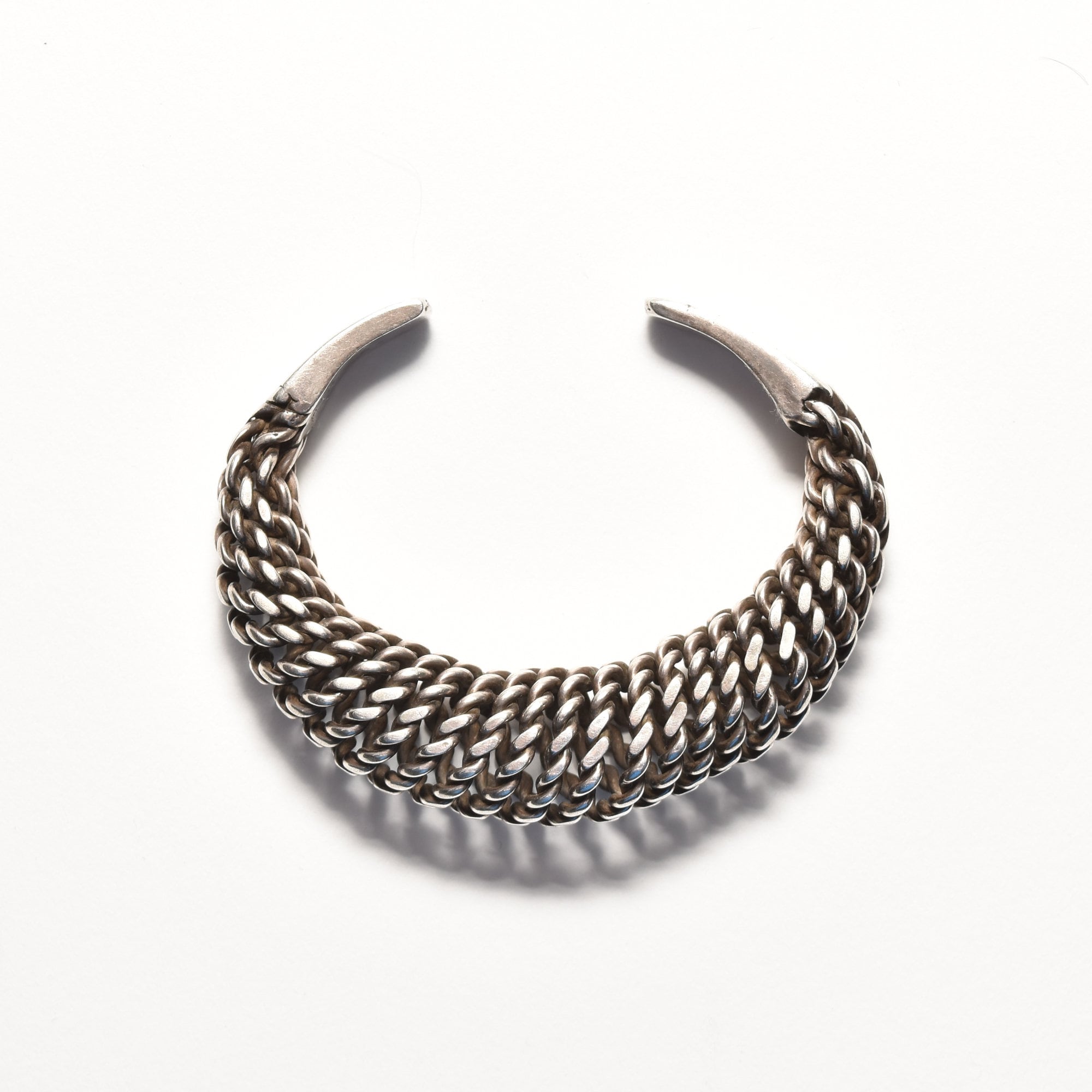 Modernist Sterling Silver Woven Cuff Bracelet, Flexible Puffed Chain Link Cuff, 5"