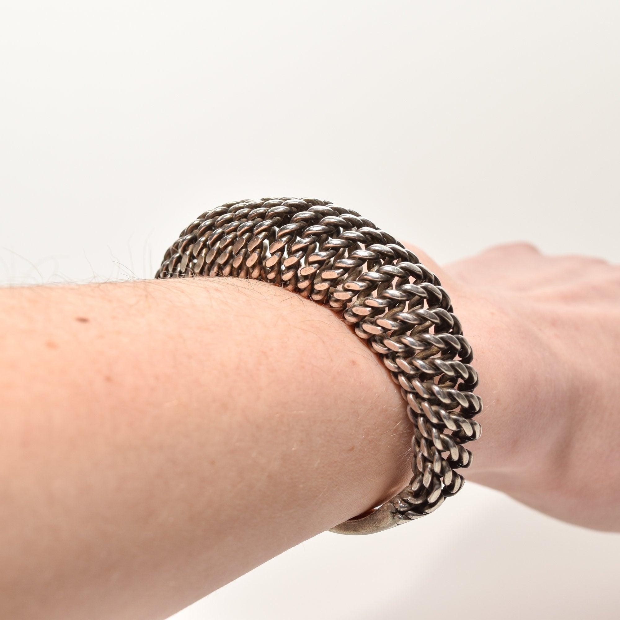 Modernist Sterling Silver Woven Cuff Bracelet, Flexible Puffed Chain Link Cuff, 5"