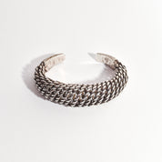 Modernist Sterling Silver Woven Cuff Bracelet, Flexible Puffed Chain Link Cuff, 5"