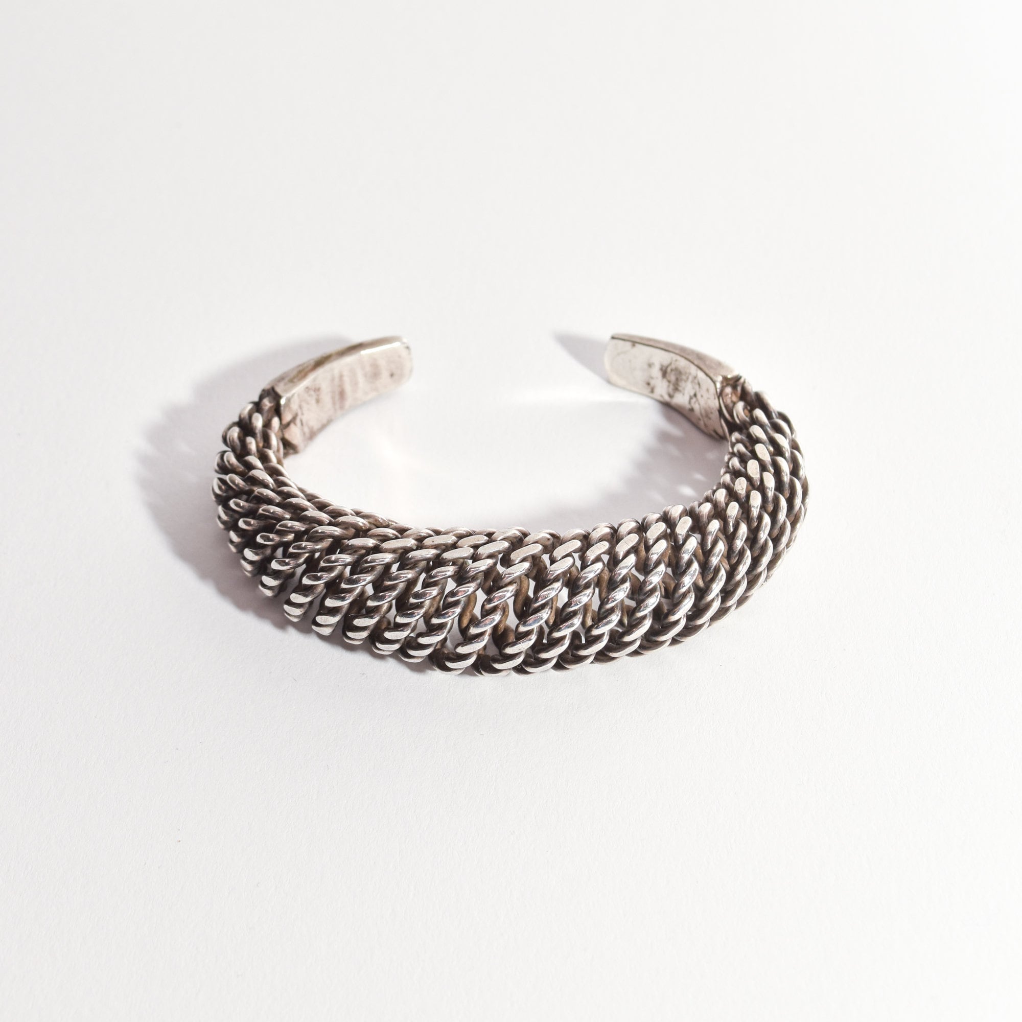 Modernist Sterling Silver Woven Cuff Bracelet, Flexible Puffed Chain Link Cuff, 5"