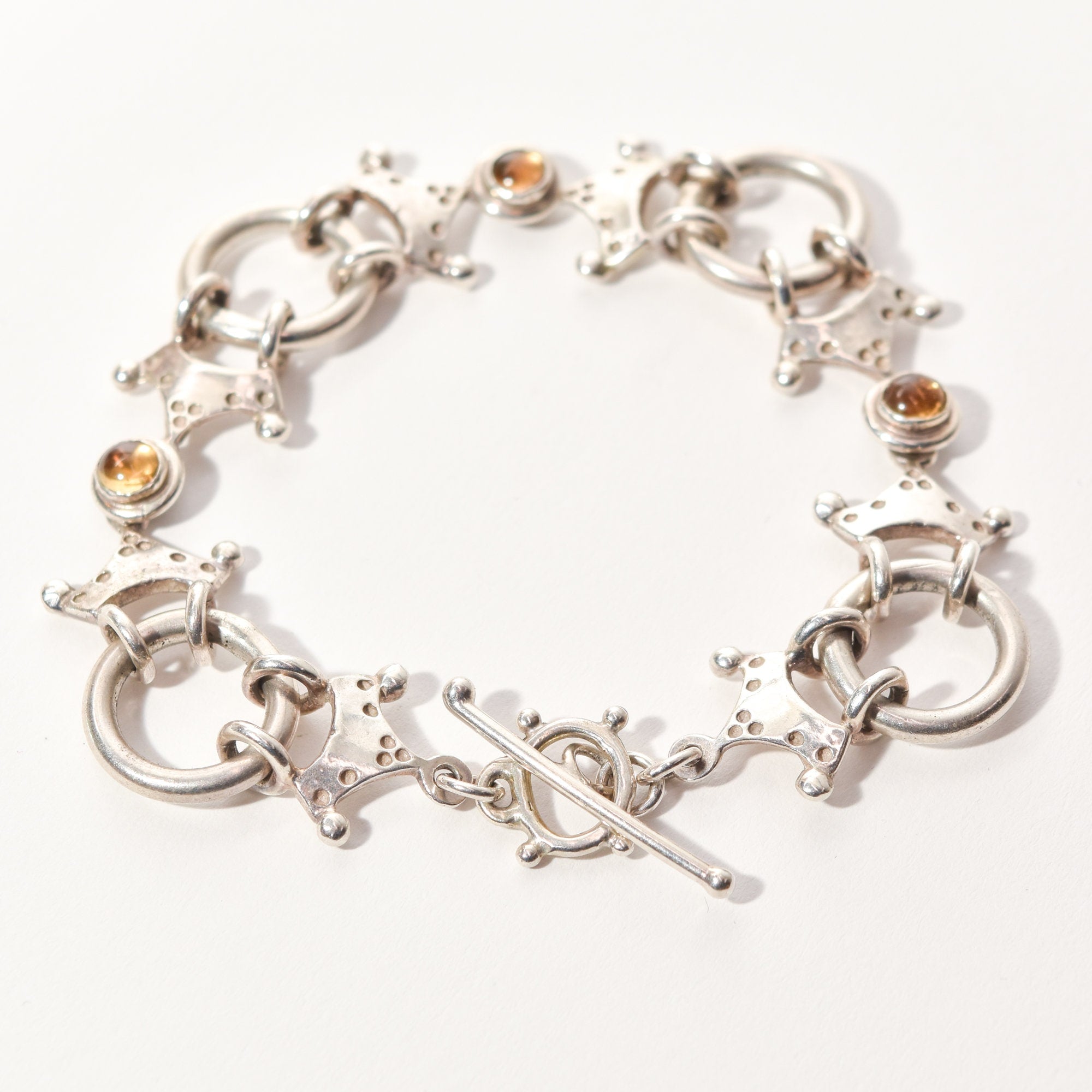 Modernist Sterling Silver Citrine Crown Circle Link Bracelet, Unique Chain Bracelet, 7.75"