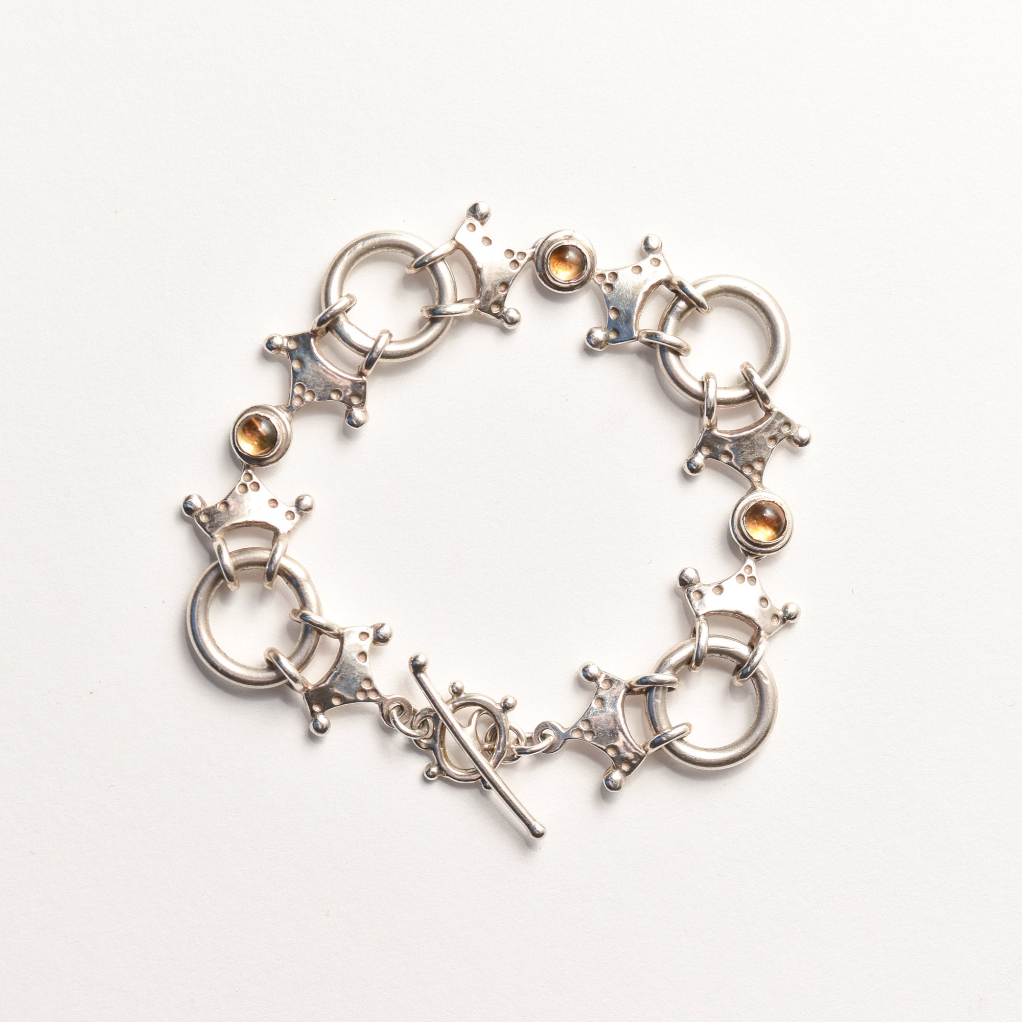 Modernist Sterling Silver Citrine Crown Circle Link Bracelet, Unique Chain Bracelet, 7.75"