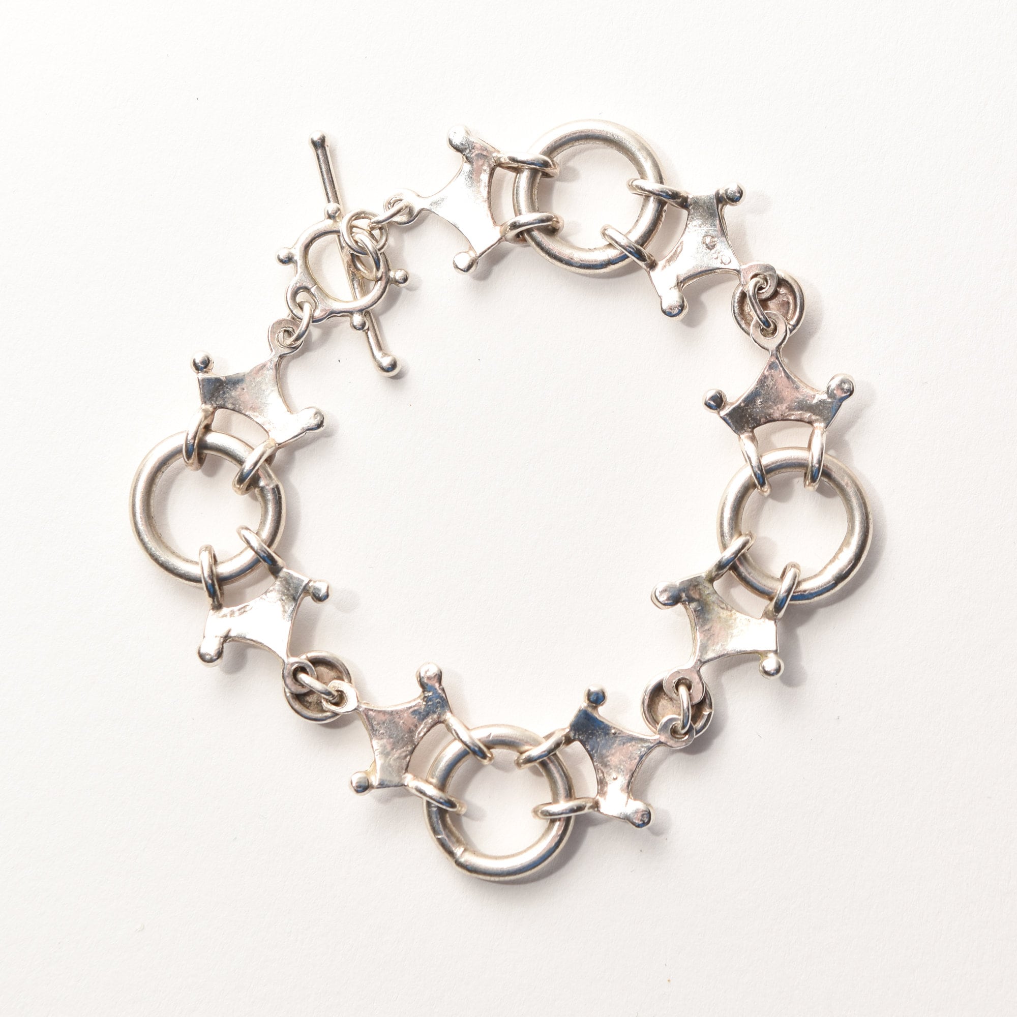 Modernist Sterling Silver Citrine Crown Circle Link Bracelet, Unique Chain Bracelet, 7.75"