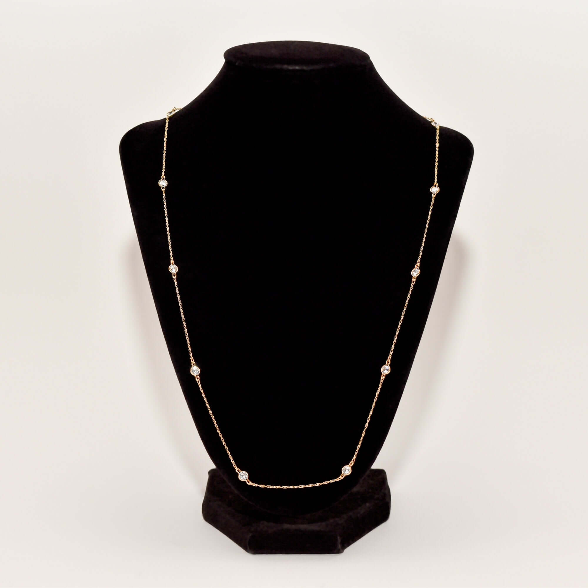 CZ Diamond Station Necklace In 14K Yellow Gold, Bezel Strand Loose Rope Chain, Estate Jewelry, 24" L