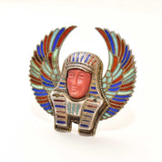 Egyptian Revival Enamel Brooch Pin, Colorful Winged Pharaoh Pin, Vintage Jewelry, 1.25"