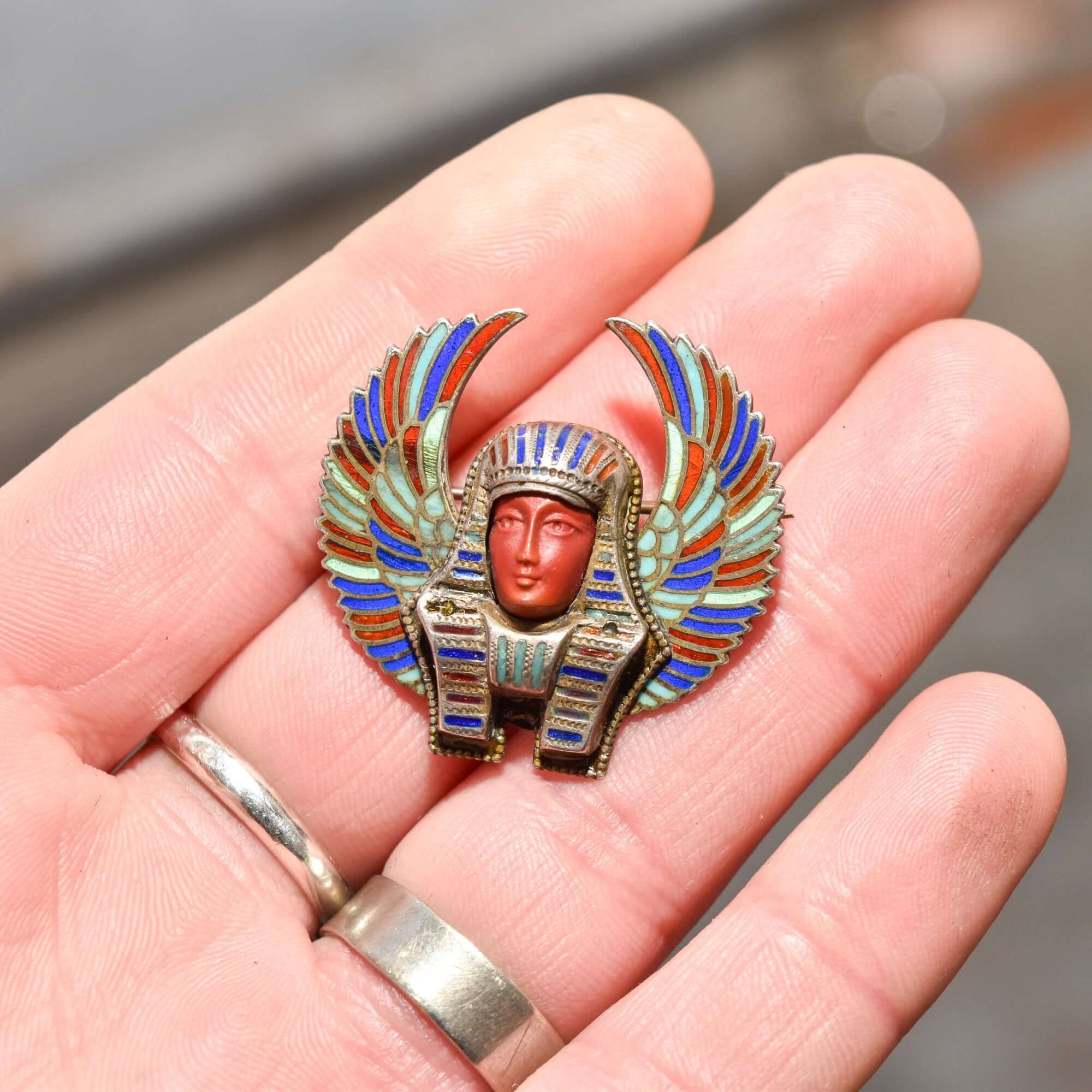 Egyptian Revival Enamel Brooch Pin, Colorful Winged Pharaoh Pin, Vintage Jewelry, 1.25"
