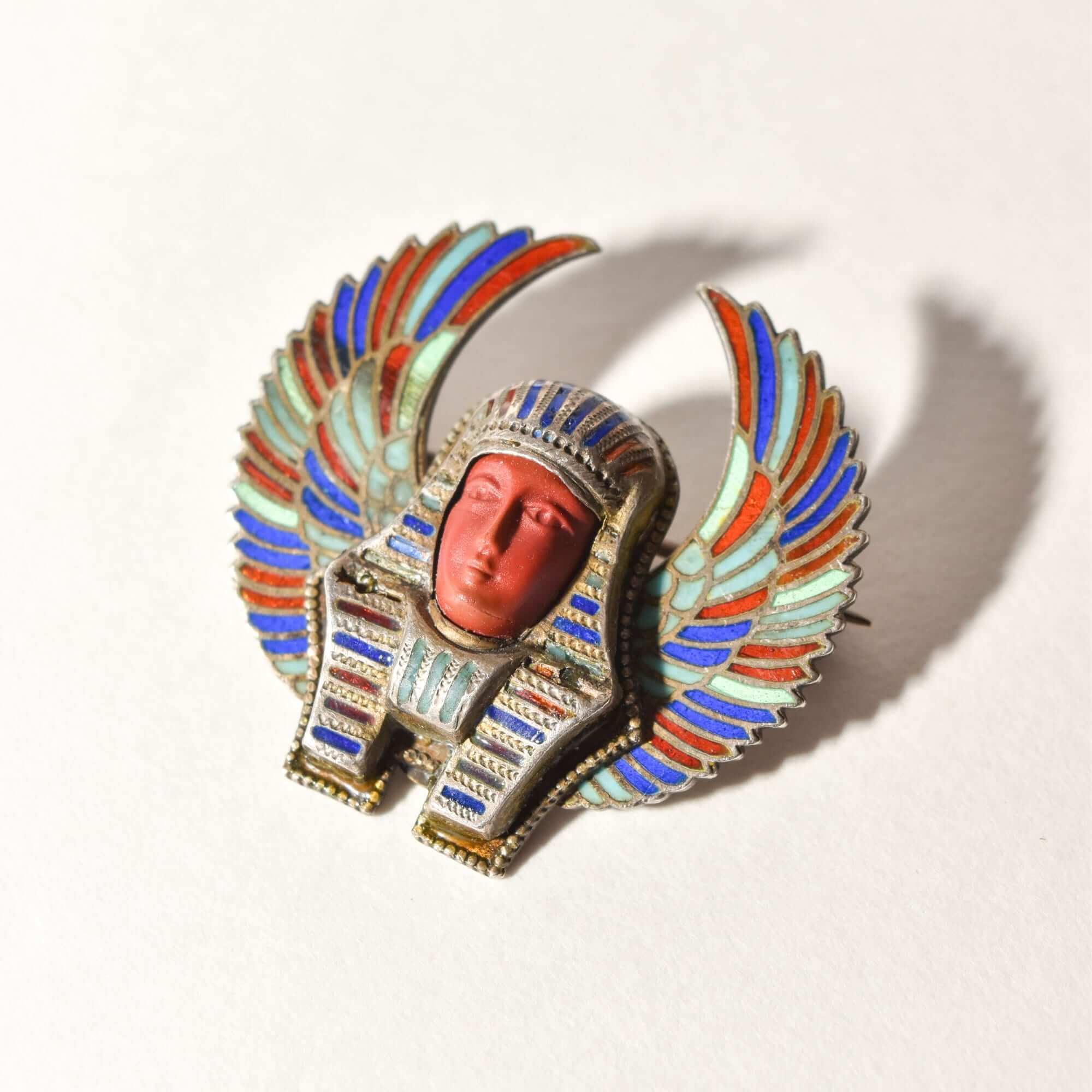 Egyptian Revival Enamel Brooch Pin, Colorful Winged Pharaoh Pin, Vintage Jewelry, 1.25"