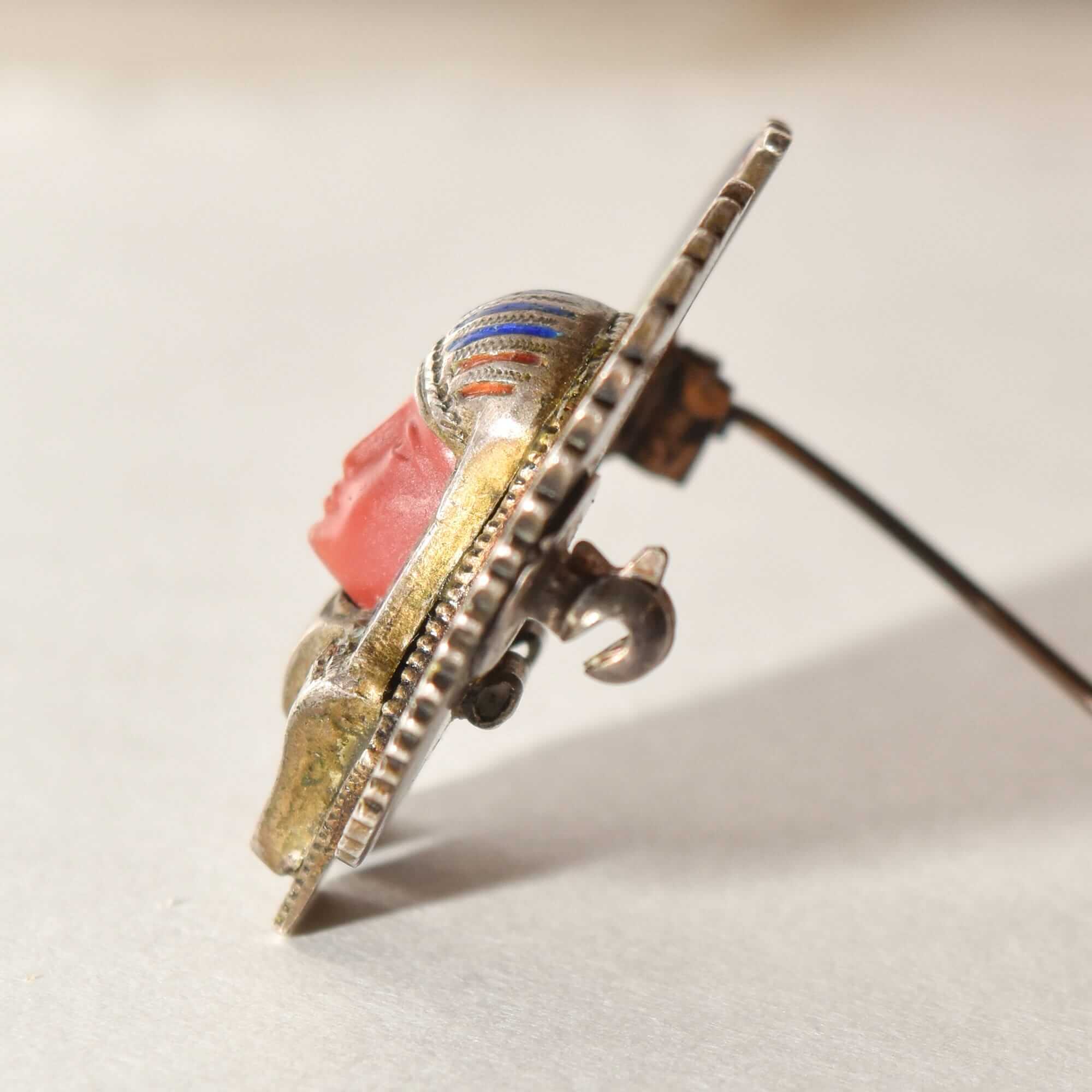 Egyptian Revival Enamel Brooch Pin, Colorful Winged Pharaoh Pin, Vintage Jewelry, 1.25"