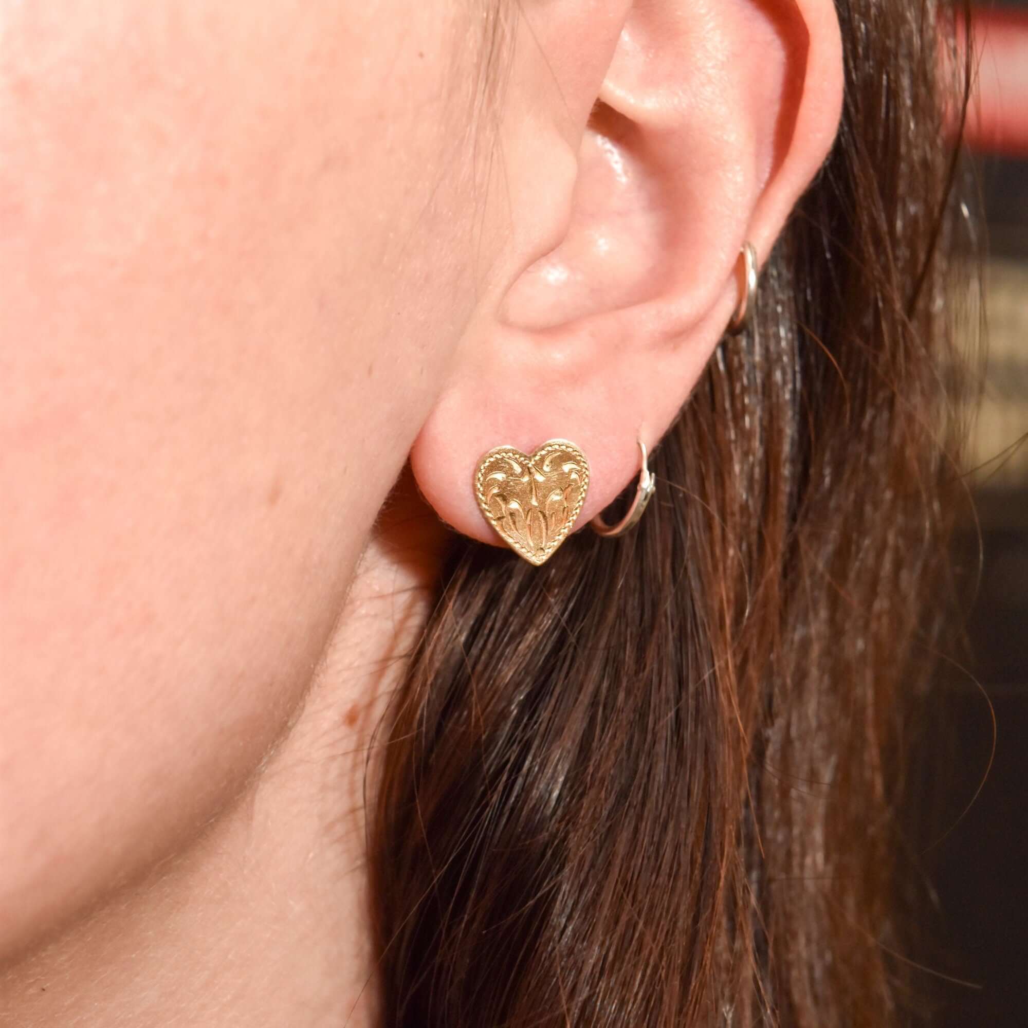 Cute 10K Hand-Etched Heart Stud Earrings, Dainty Yellow Gold Earrings, Valentines Day Gift, 11mm