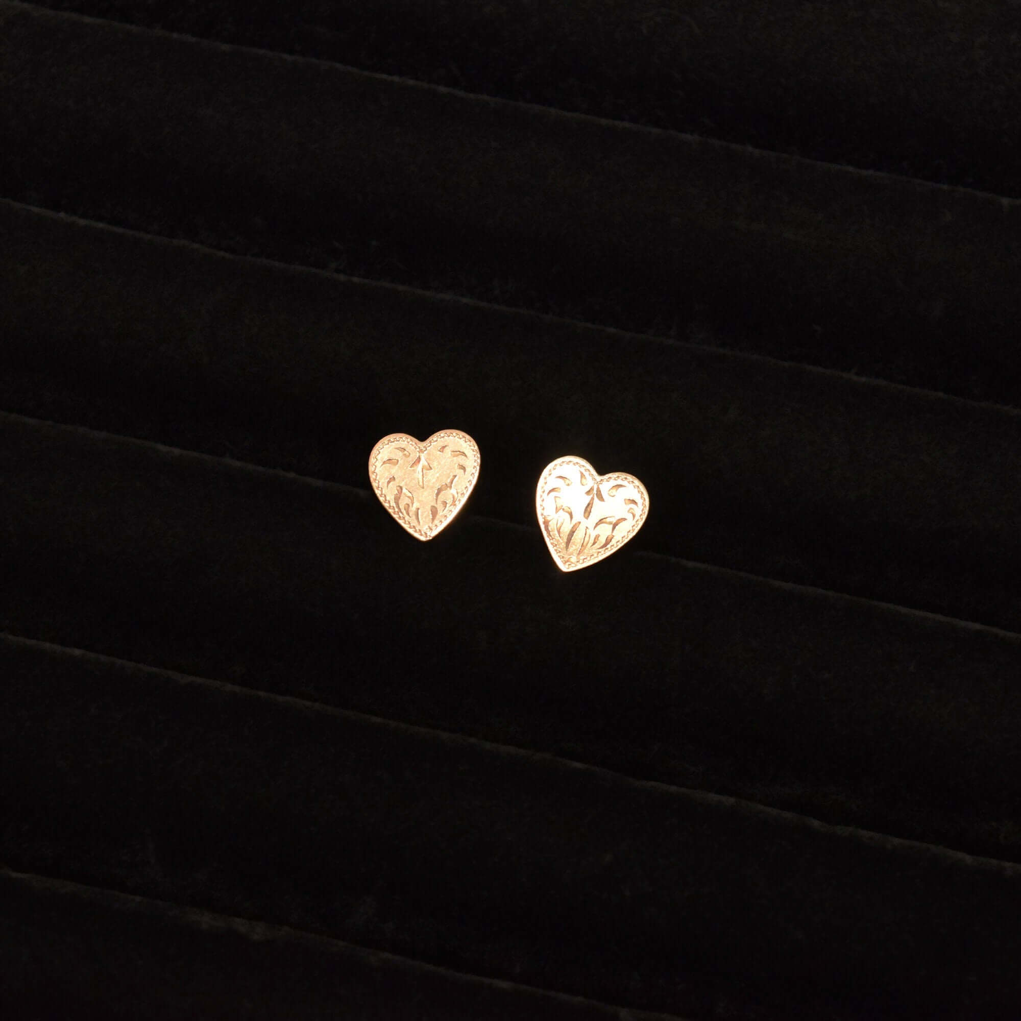 Cute 10K Hand-Etched Heart Stud Earrings, Dainty Yellow Gold Earrings, Valentines Day Gift, 11mm