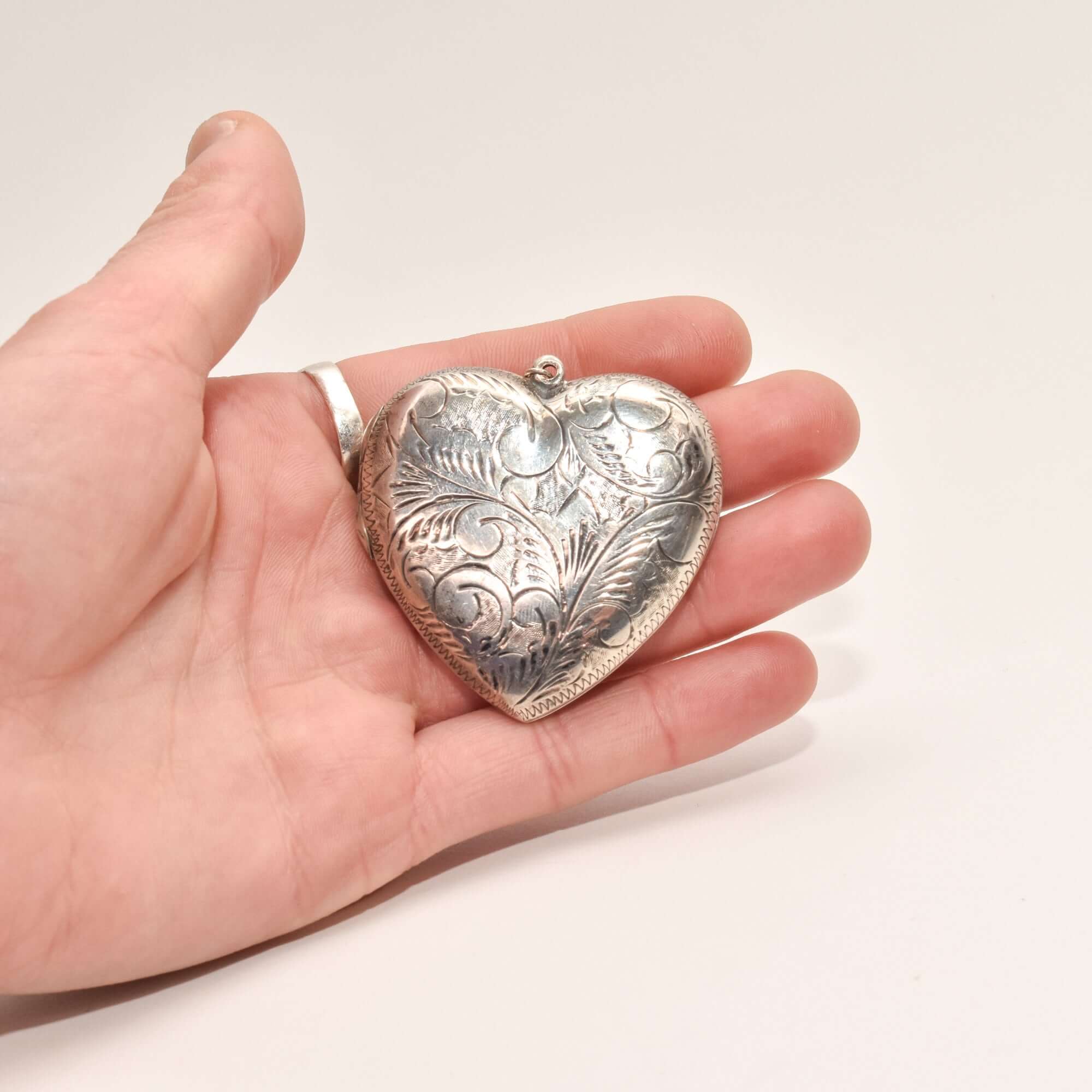 Large Engraved/Etched Sterling Silver Heart Locket, 2 Picture Windows W/ Cover, Estate Jewelry, 6cm