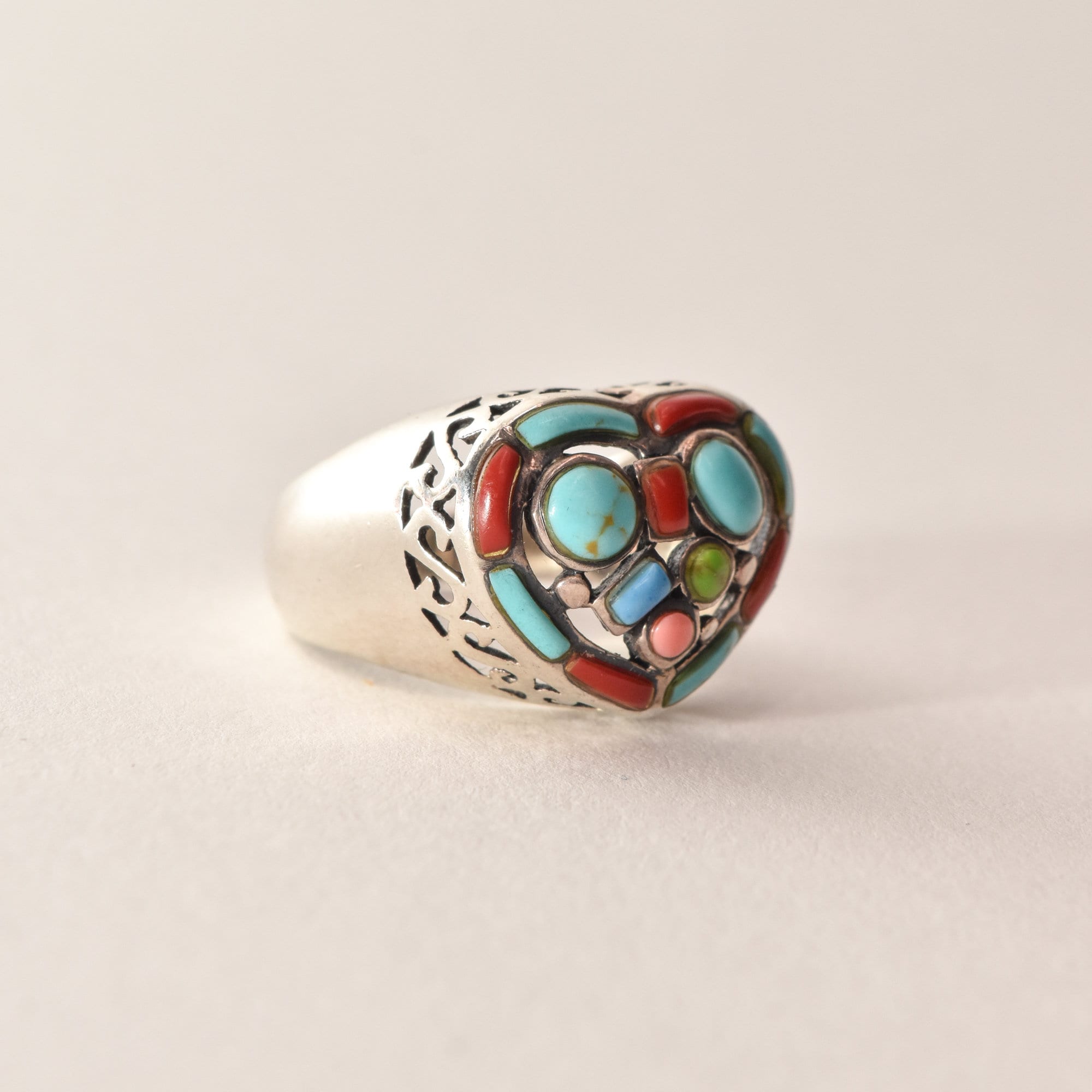 Multi-Stone Heart Ring In Sterling Silver, Turquoise, Coral, Gaspeite, Valentines Day Gift, 7 3/4 US