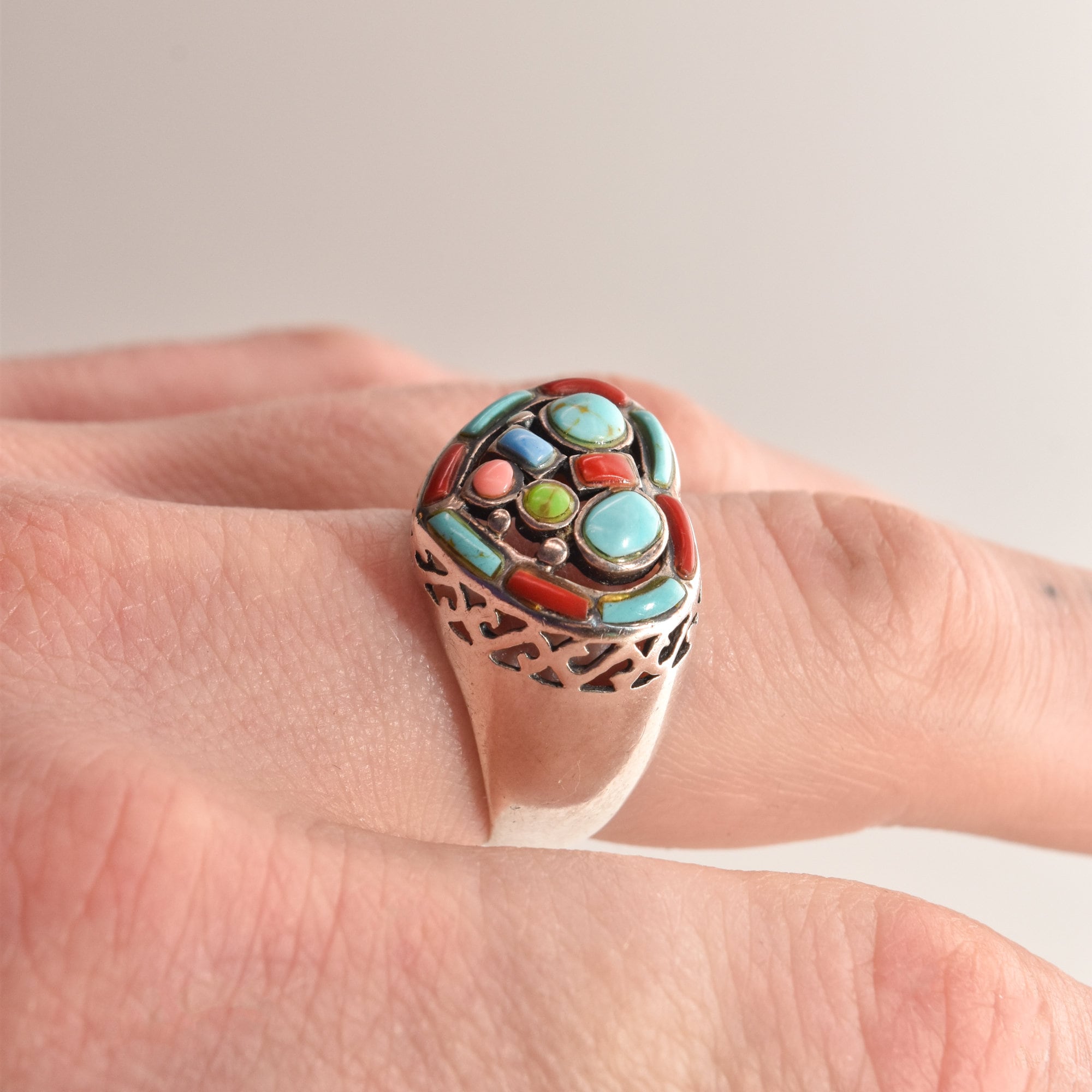 Multi-Stone Heart Ring In Sterling Silver, Turquoise, Coral, Gaspeite, Valentines Day Gift, 7 3/4 US