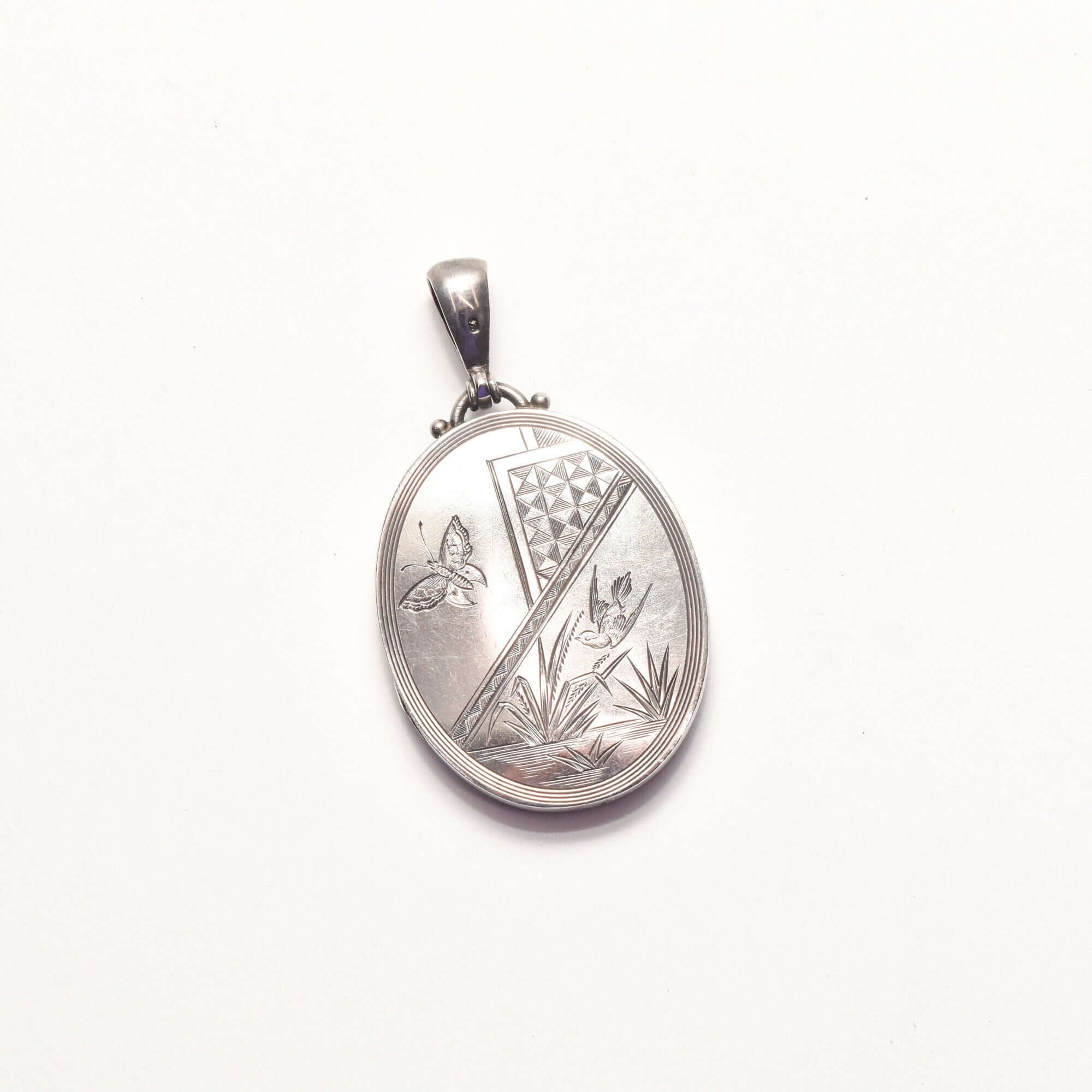 1879 Hallmarked Victorian Sterling Silver Engraved Locket, Butterfly & Bird Scene, Valentines Day Gift