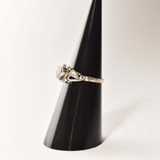 Dainty Sterling Silver Onyx Heart Ring W/ Leaf Motifs, Cute Stacking Ring, Valentines Day Gift, 5 3/4 US