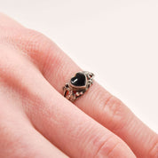 Dainty Sterling Silver Onyx Heart Ring W/ Leaf Motifs, Cute Stacking Ring, Valentines Day Gift, 5 3/4 US