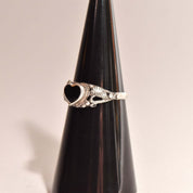 Dainty Sterling Silver Onyx Heart Ring W/ Leaf Motifs, Cute Stacking Ring, Valentines Day Gift, 5 3/4 US