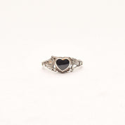 Dainty Sterling Silver Onyx Heart Ring W/ Leaf Motifs, Cute Stacking Ring, Valentines Day Gift, 5 3/4 US