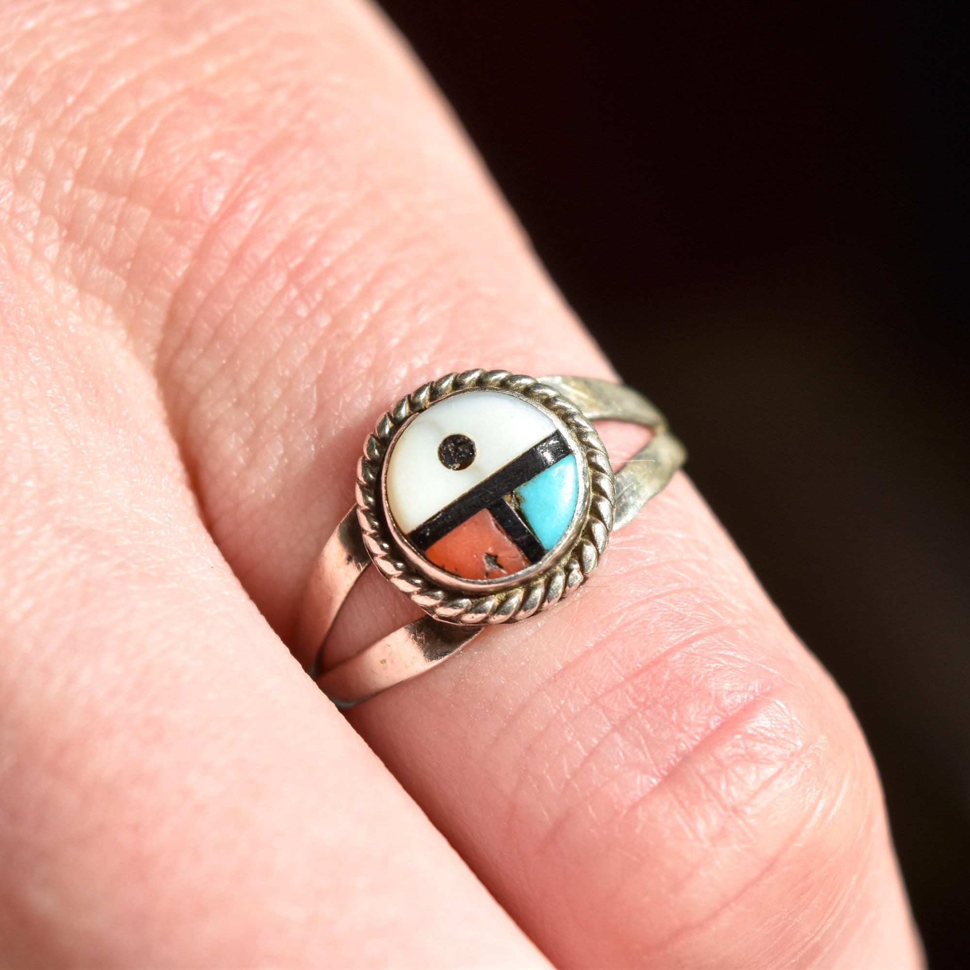 Little Zuni Sun Face Ring In Sterling Silver, Native American Jewelry, Stacking Ring, 5 1/4 US