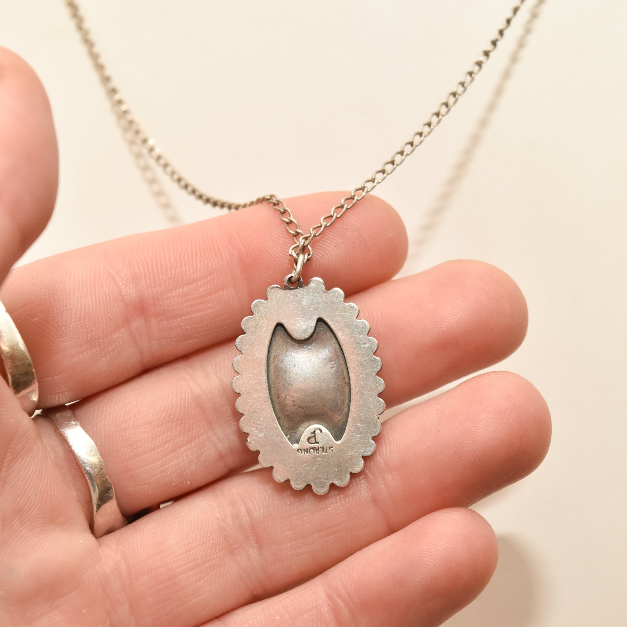 Native American Sterling Silver Turquoise Pendant Necklace, Signed JP, Gift For Loved One, 18" L