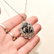Sterling Silver Black Onyx Pendant Necklace, Beautiful Leaf Motifs, Valentines Day Gift, 30.75" L