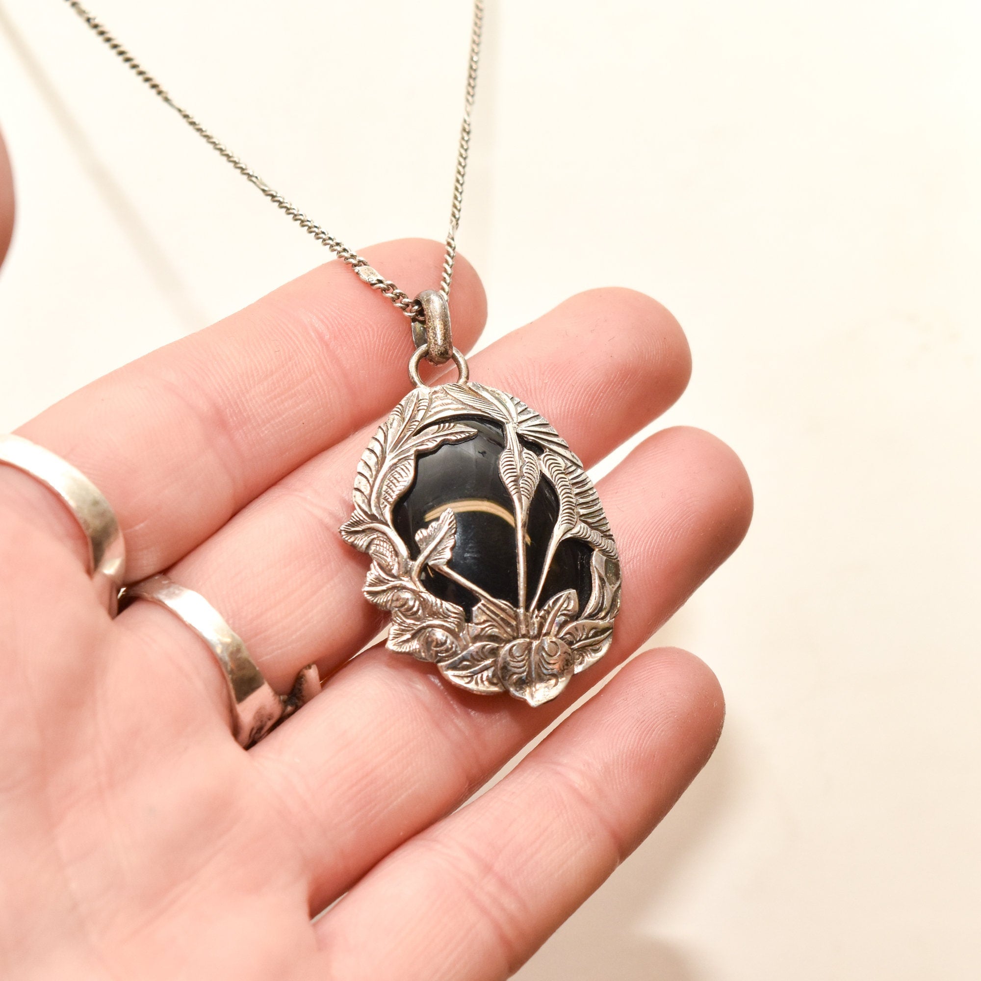 Sterling Silver Black Onyx Pendant Necklace, Beautiful Leaf Motifs, Valentines Day Gift, 30.75" L